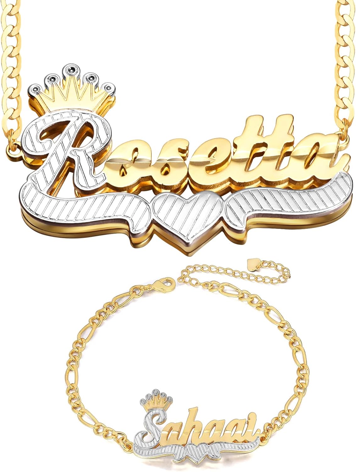 Gemiac Custom Name Necklace Personalized 18K Gold Plated Nameplate Necklace with Heart Crown Unisex Customized Jewelry Gifts for Women Men Girls Boys