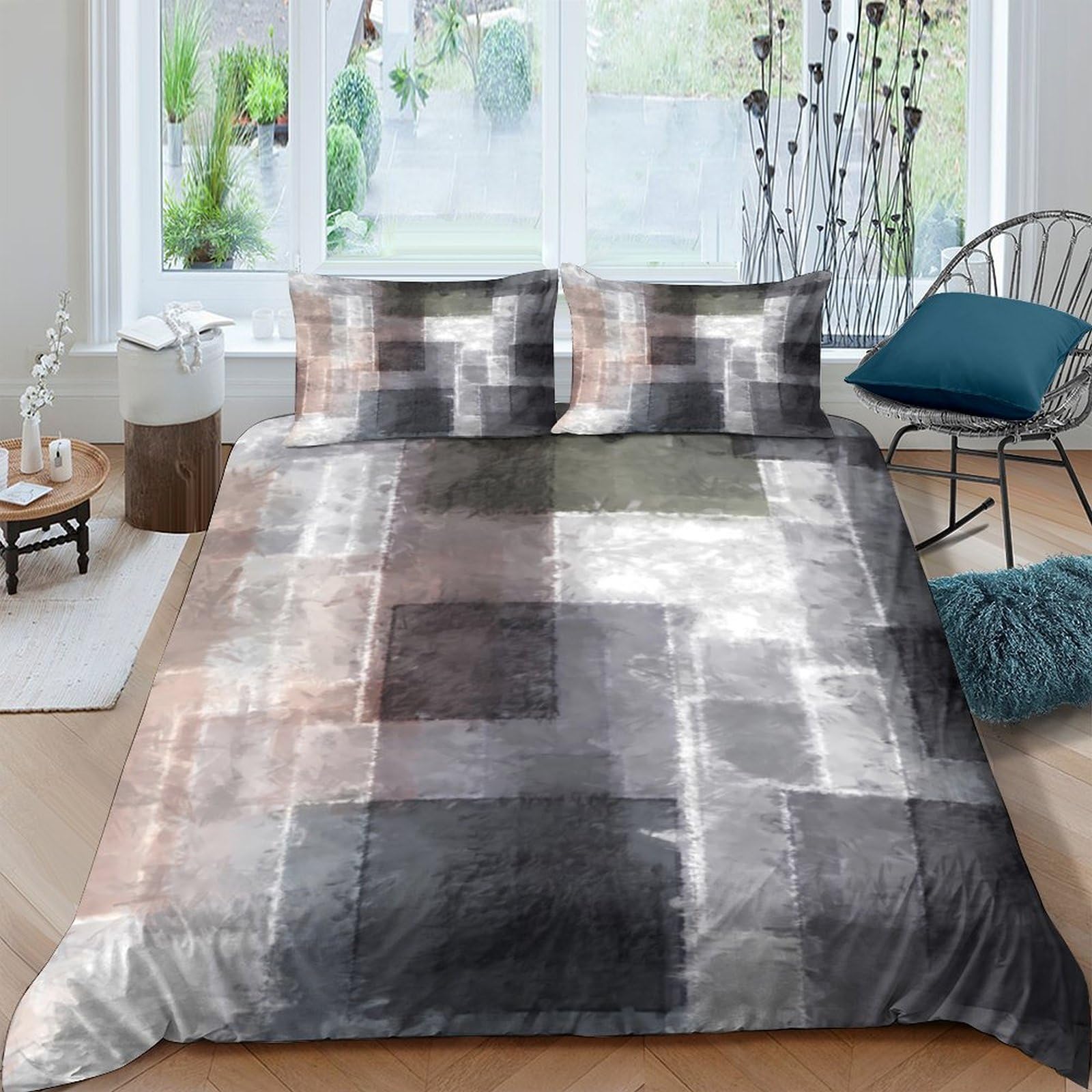 GPLZQXKJNH 3D Printed Geometric Patchwork Duvet Cover Microfiber Soft Breathable Gradient Blocks Bedding Set with 2 Pillowcases for Home Bedroom Single（135x200cm）