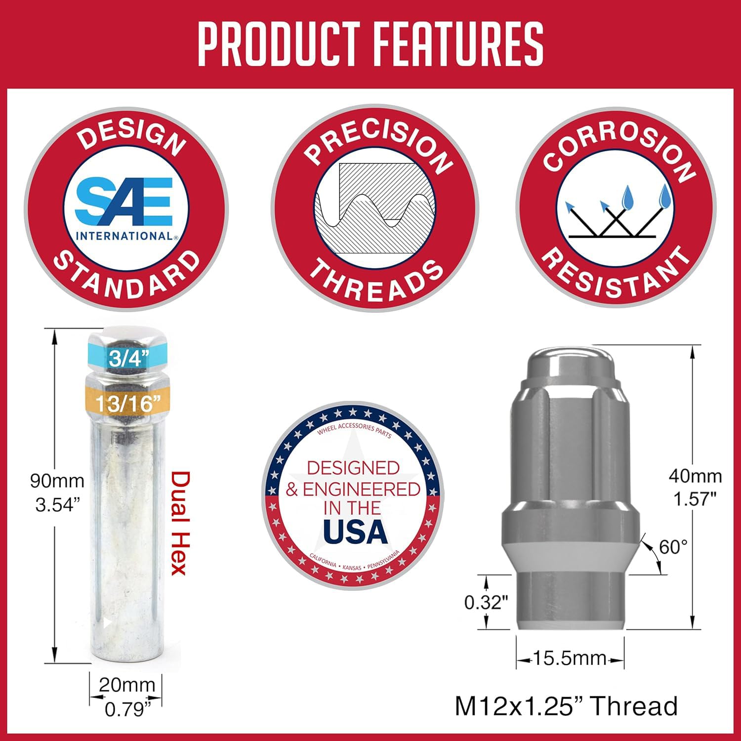 Wheel Accessories Parts 24 Pcs M12x1.25 12x1.25 Thread ET Bulge Acorn (Extra Thread) 1.57" Long Spline Lug Nuts Chrome Spline Hex Fits Nissan Titan (Non XD) with Aftermarket Wheels