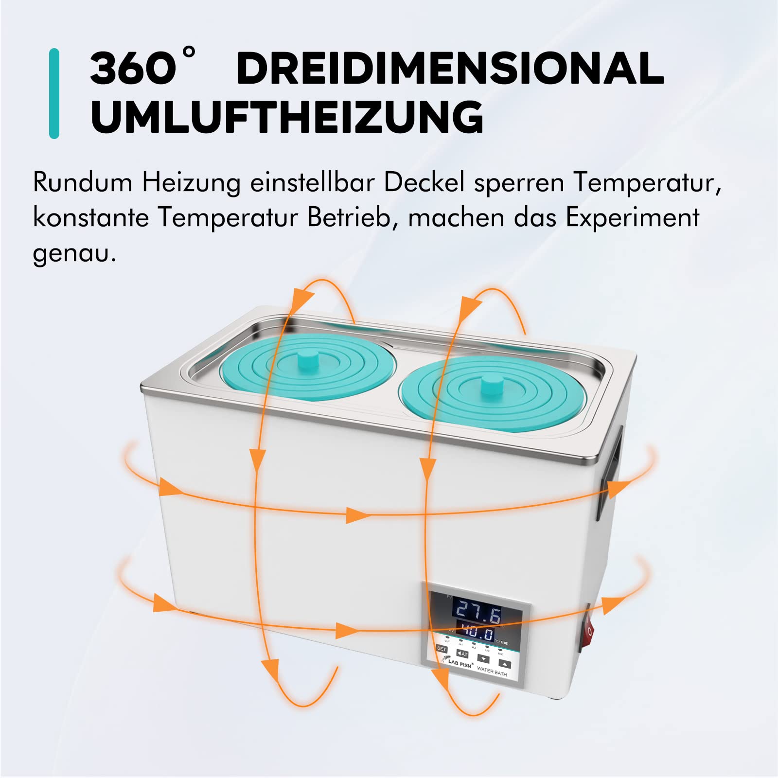 LAB FISH Digitales Labor Wasserbad 6L, 600W - Doppelte Öffnung, Edelstahl - Präzises Thermostat ±0,1°C - Timer 0-999 Min - LED Display