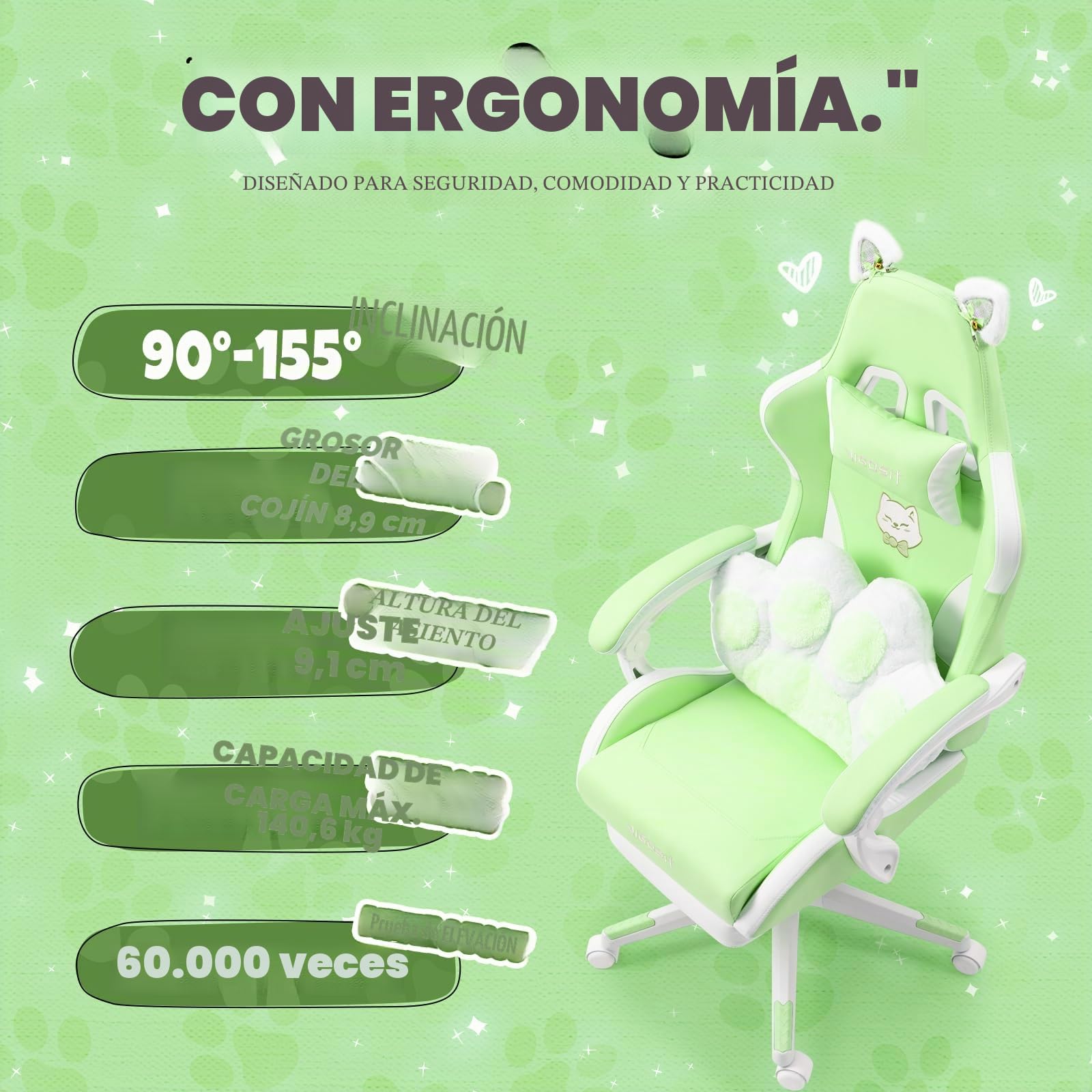 Vigosit Silla de juegos linda con cojín lumbar de pata de gato y orejas de gato, silla de juegos ergonómica con reposapiés, sillón de PC ajustable para niñas, adolescentes, niños, verde