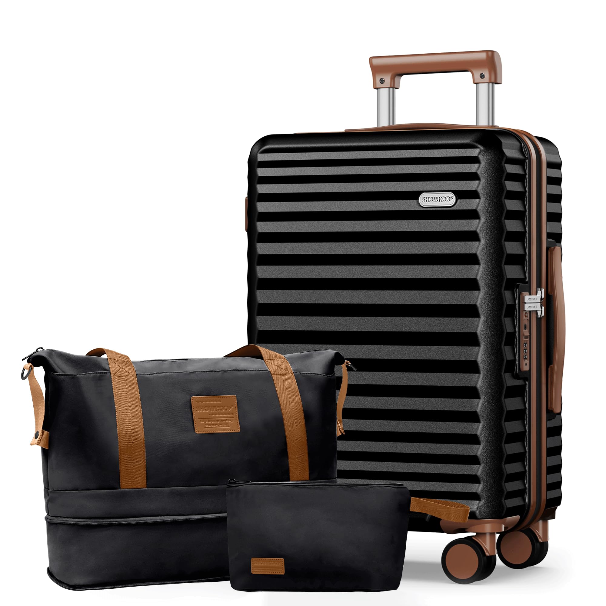 SHOWKOO Valigia Media Rigida Trolley Espandibile Valigie da Viaggio 100% PC Bagaglio a Mano Durevole Ultra Leggero con Borsa da Toilette e Borsa da Viaggio, L -Nero Elegante