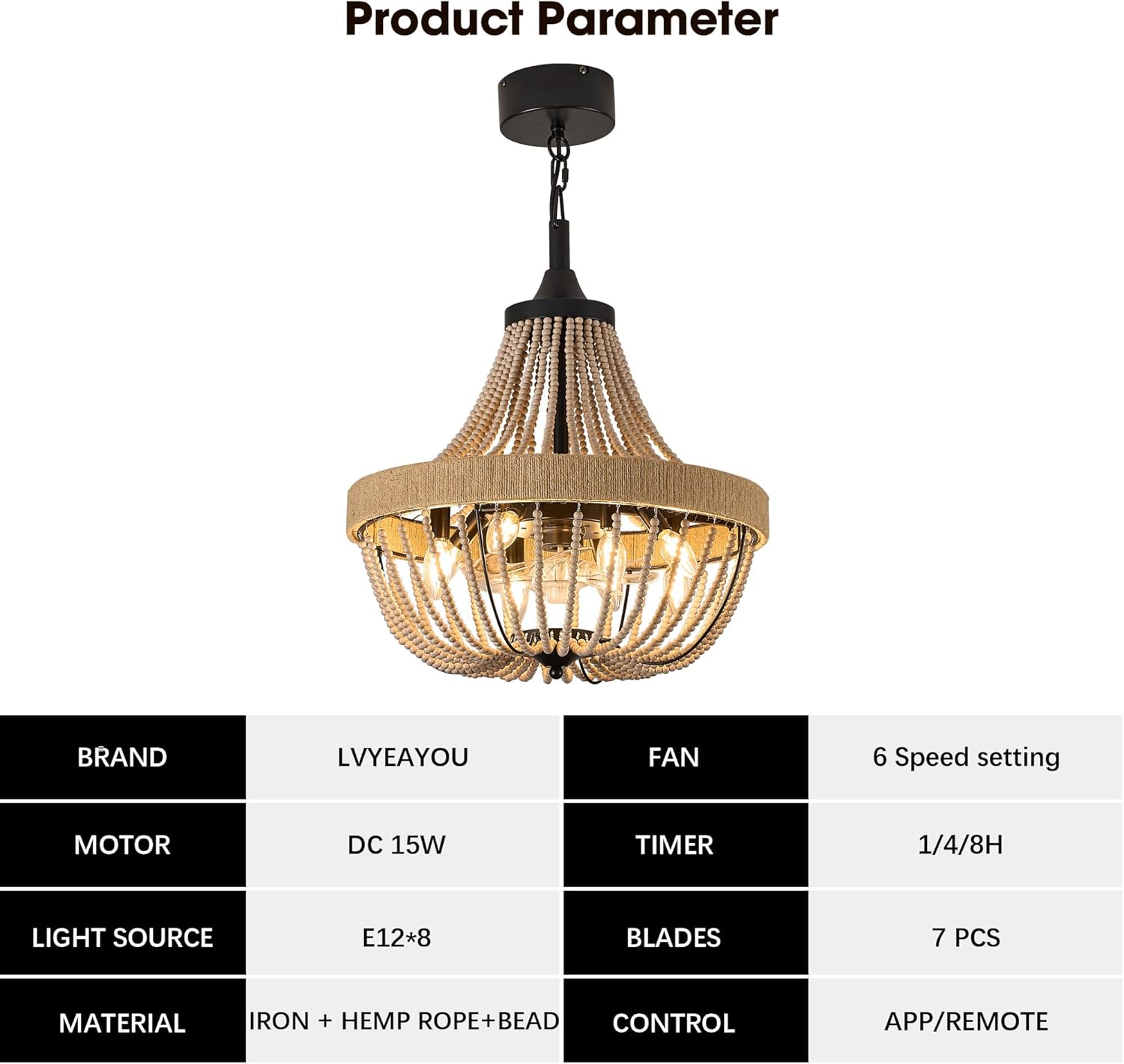 20 inch Boho Beaded Chandelier with Ceiling Fan, Remote & App Control, Reversible DC Motor, Black Farmhouse Rattan Fandelier for Dining Room, Bedroom, Kitchen