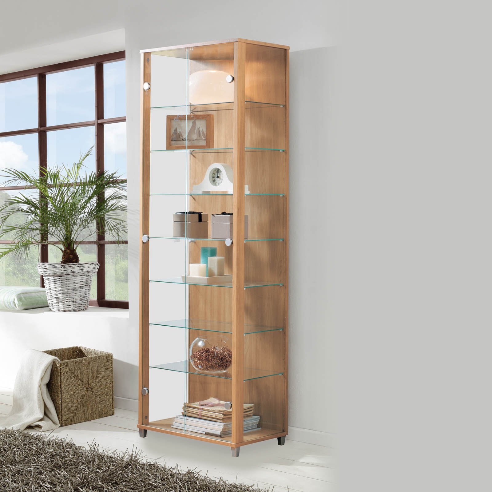 Buy LOCKABLE Fully Assembled HOME Oak Effect Double Glass Display 7 Glass Shelves