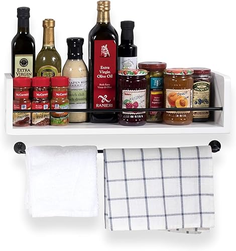 Miniatura 5 de Estantería de madera, blanca, rústica para pared de baño, con barra de metal. Multiusos, puede usarse en la sala de estar o como estante de pared en