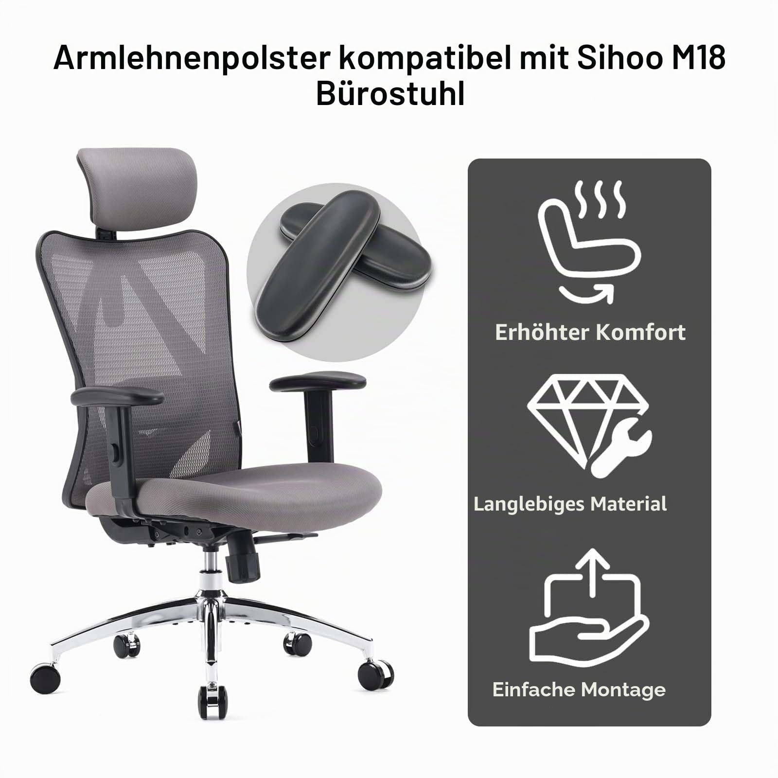 Armpolsterkappen für Sihoo M18 Stuhl - Ergonomischer Bürostuhl-Armlehnenersatz, bequem und langlebig