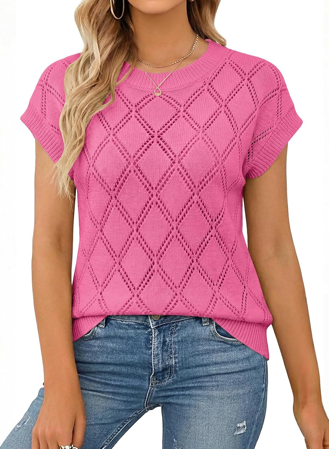 SHEWIN Womens Tops Crewneck Cable Knit Short Sleeve Sweater Loose Lightweight Blouses Dressy Casual Pullover Sweaters Top