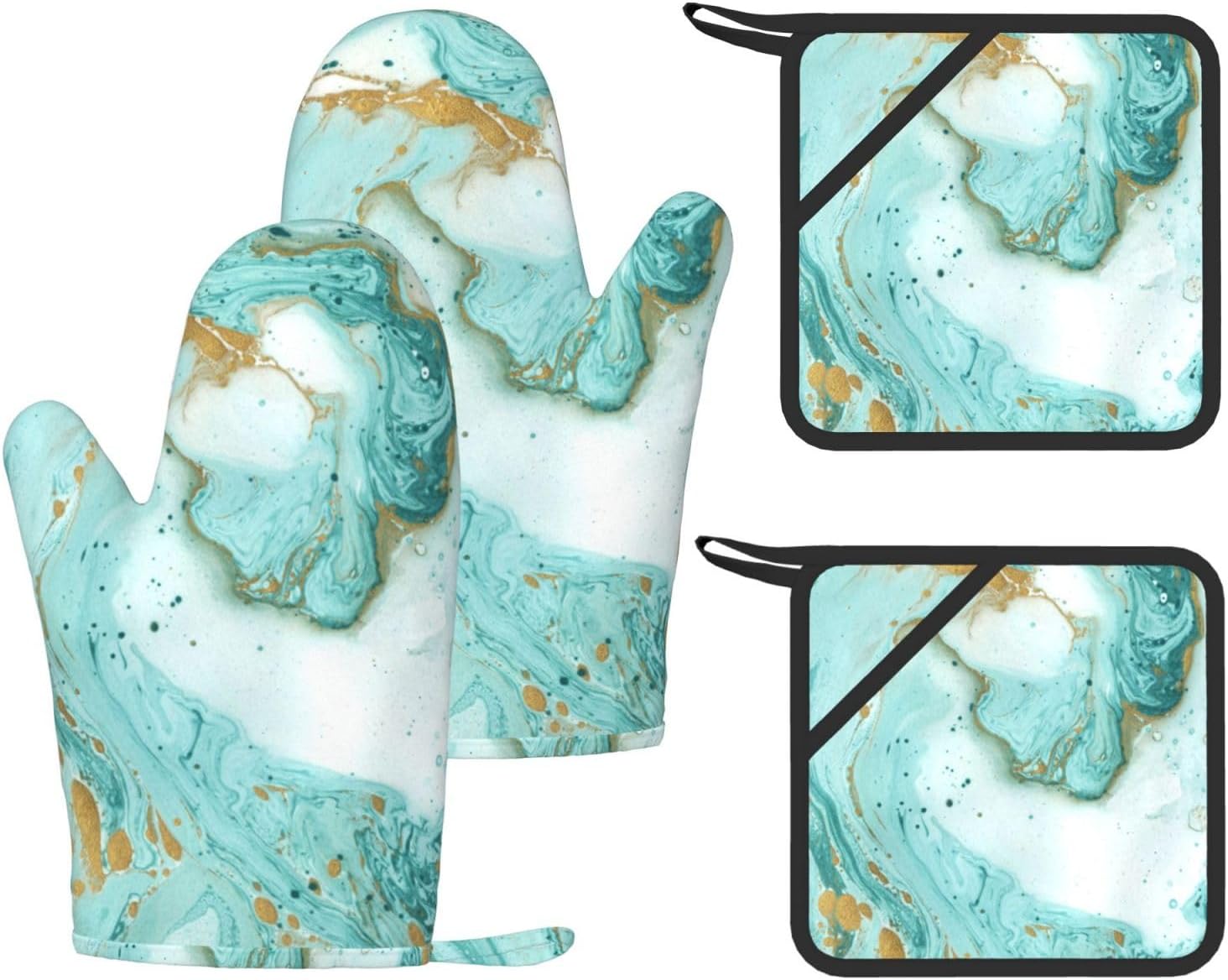 Teal and Gold Marble Oven Mitts and Pot Holders Set of 4 Heat Resistant Kitchen Gloves with Silicone Palm Hot Pads for Baking Cooking Grilling BBQ