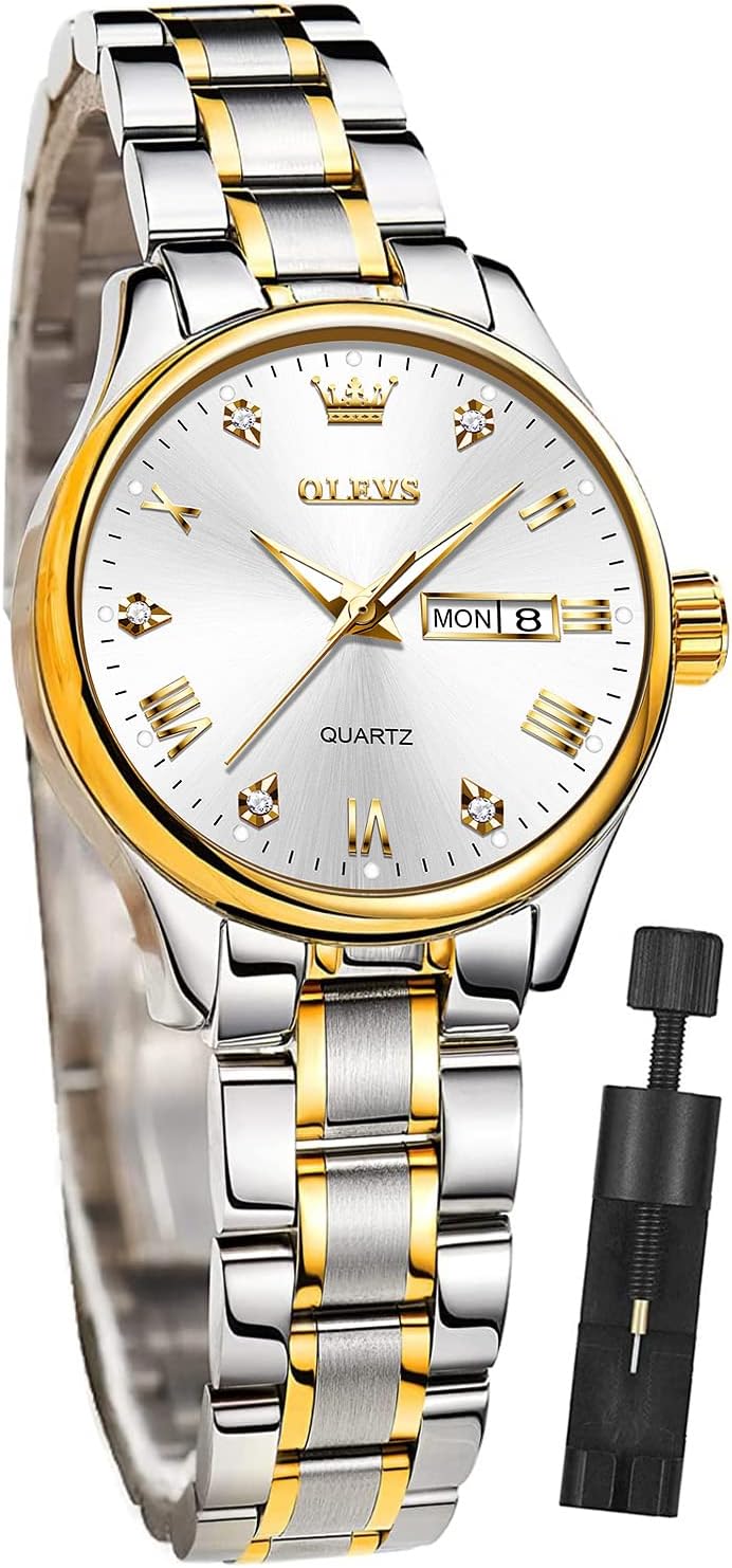 OLEVS Women Watches Business Dress Female Ladies for Small Wrist Watch Gold Silver Tone Stainless Steel Band Analog Quartz Day Date Waterproof Lady Watches