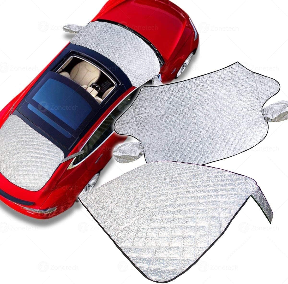 Zone Tech 2-Piece All Weather Windshield Cover Protector - Silver Premium Quality Summer Winter Rear and Front Windshield Cover Protector with Flaps with Side Mirror Cover