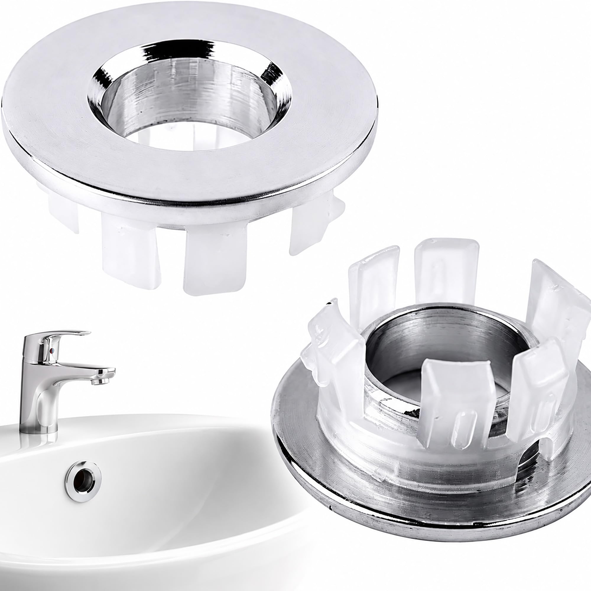 Sink Overflow Rings - 2 Pack Silver Chrome-Plated Copper Basin Overflow Covers - 22-24 mm Round Washbasin Hole Inserts for Bathroom Kitchen Ceramic and Marble Basins