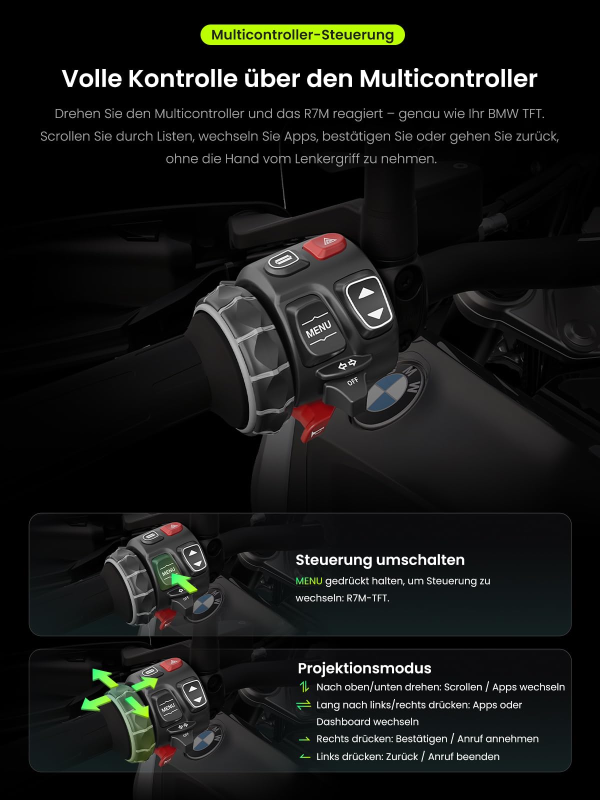 R7M 7" Wireless CarPlay & Android Auto für BMW Motorräder – Native Wonder Wheel- und Actionkamera-Steuerung | Echtzeit-Datenauslesung (TPMS/RPM) | OTA-Updates | 1200-Nit IP69K GPS | NAV Prep