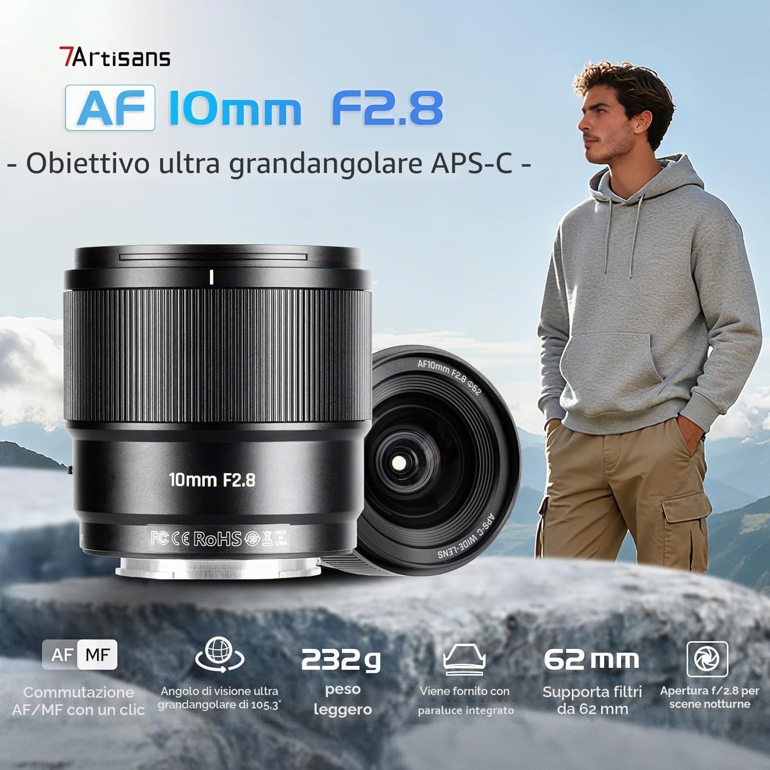 7artisans AF 10mm F2.8 for FX Montura Obiettivo fotografico autofocus, 105,3°, 232 g, obiettivo APS-C AF/MF con grandangolo fisso per Fujifilm FX Montura XT2 XT20 XE3 XT1 X-T2
