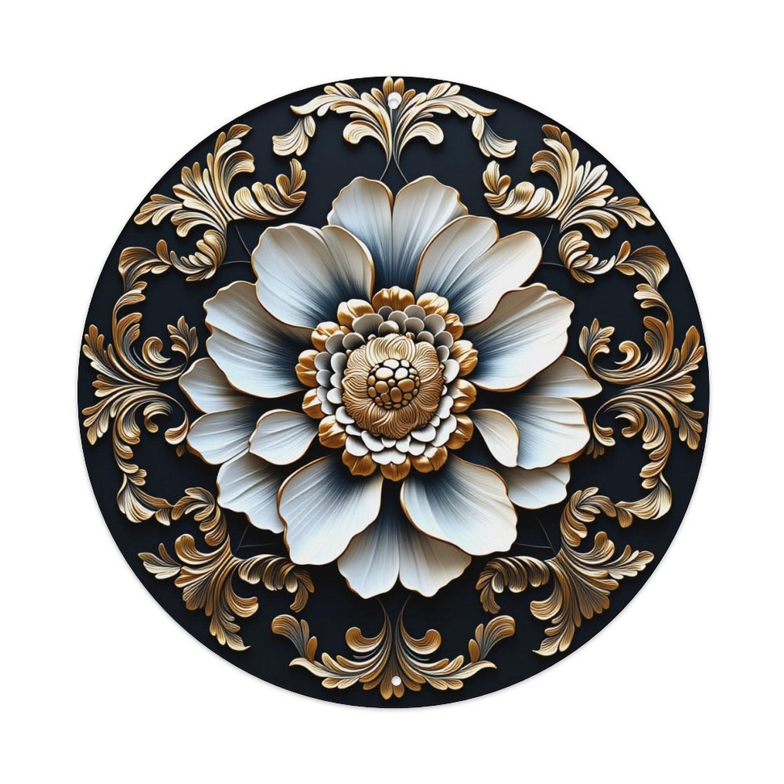 Golden Floral Ornate Pattern Design Round Tin Sign Vintage Metal Sign Home Bar Garden Indoor & Outdoor Wall Decor Retro Metal Poster 8x8 Inch