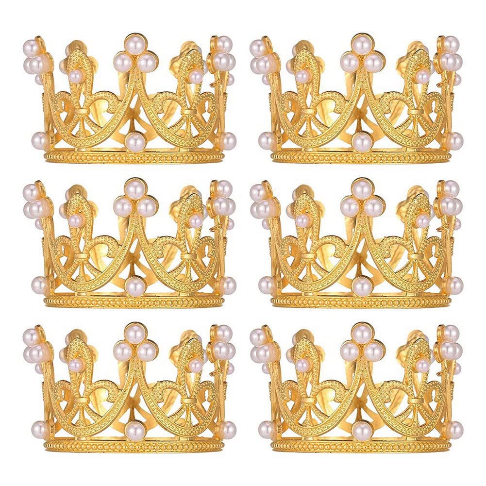 CTRLZS 6Pcs Gold Mini Crown Cake Topper Small Crystal Pearl Cupcake Toppers Small Cupcakes Crown Metal for Wedding Birthday
