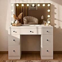 CLP Lerona Dressing Table with Mirror Hollywood I Dressing Table with LED Lighting I Dressing Table with 7 Drawers I with USB Ports, Colour: White