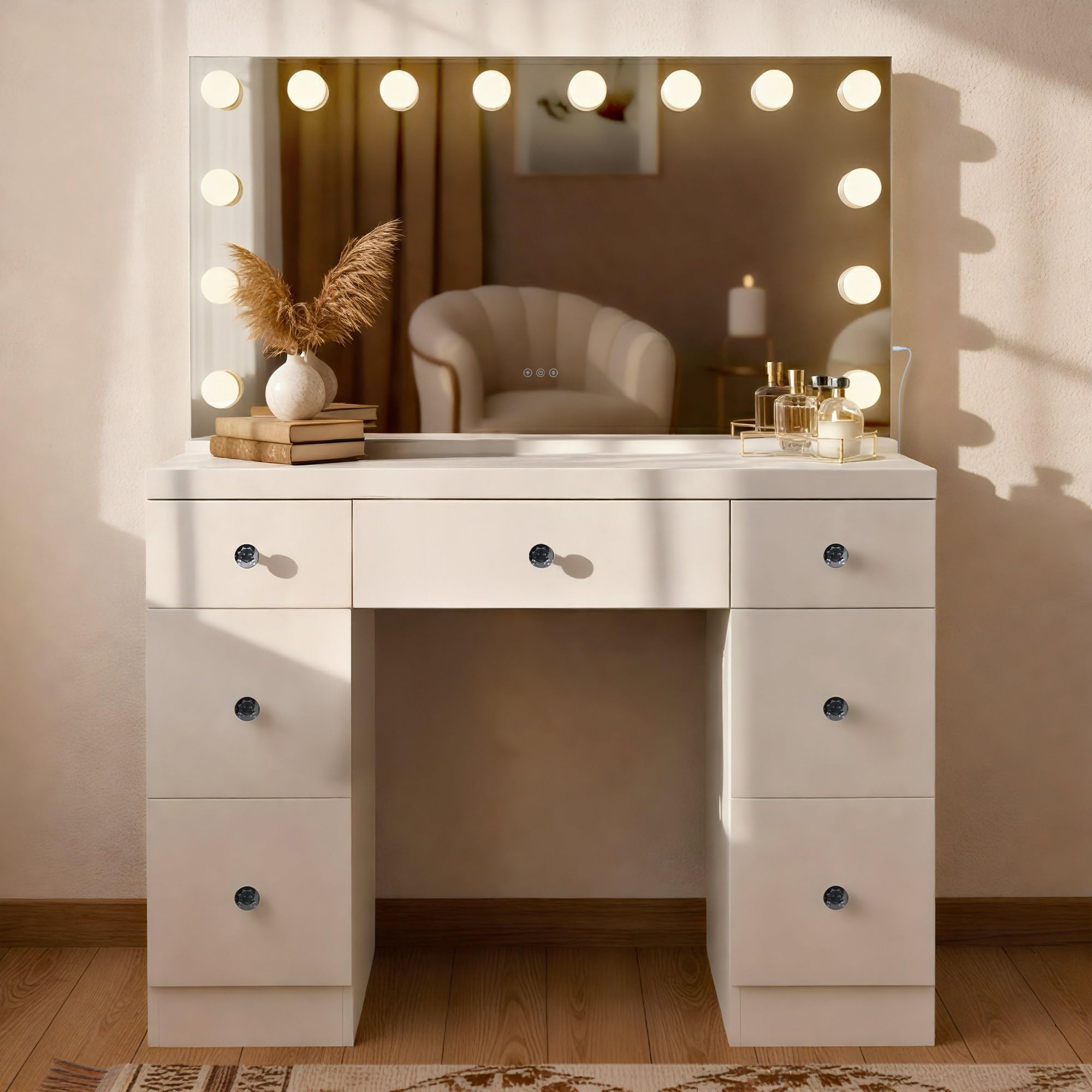 Coiffeuse Lerona avec Miroir Hollywood et éclairage LED, Table de Maquillage avec 7 tiroirs, Prises USB, Design Moderne, Couleur Blanc
