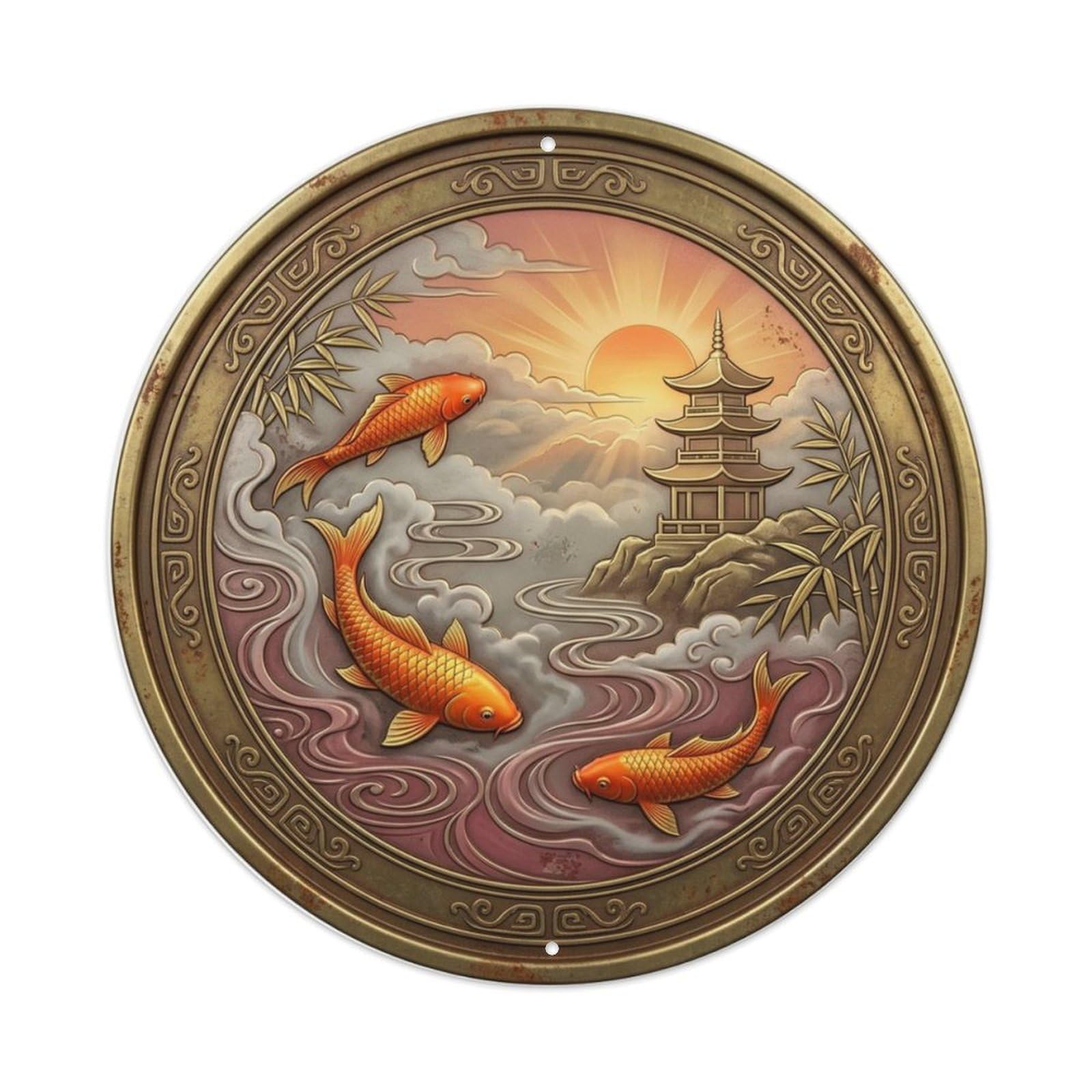 Sunrise Mist Temple Koi Fish Metal Tin Sign Plaque Wall Decor for Cafe, Club Bar, Office, Home Garden Round Metal Poster 8x8Inch