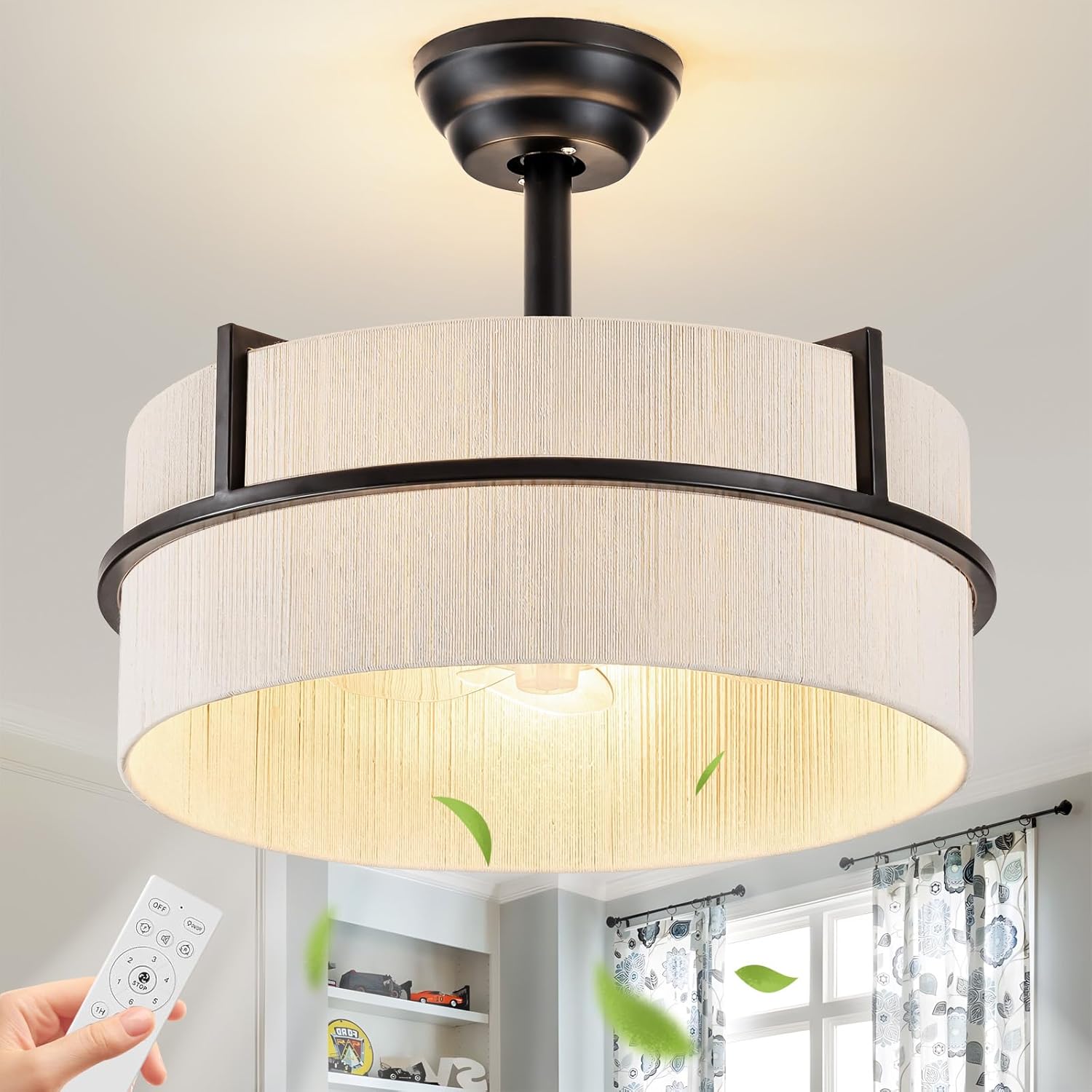 Boho Fandelier Ceiling Fan with Light and Remote, Black Finish & White Handwoven Rattan, Low Profile Flush Mount Reversible Quiet Fan for Bedroom Living Room Kitchen