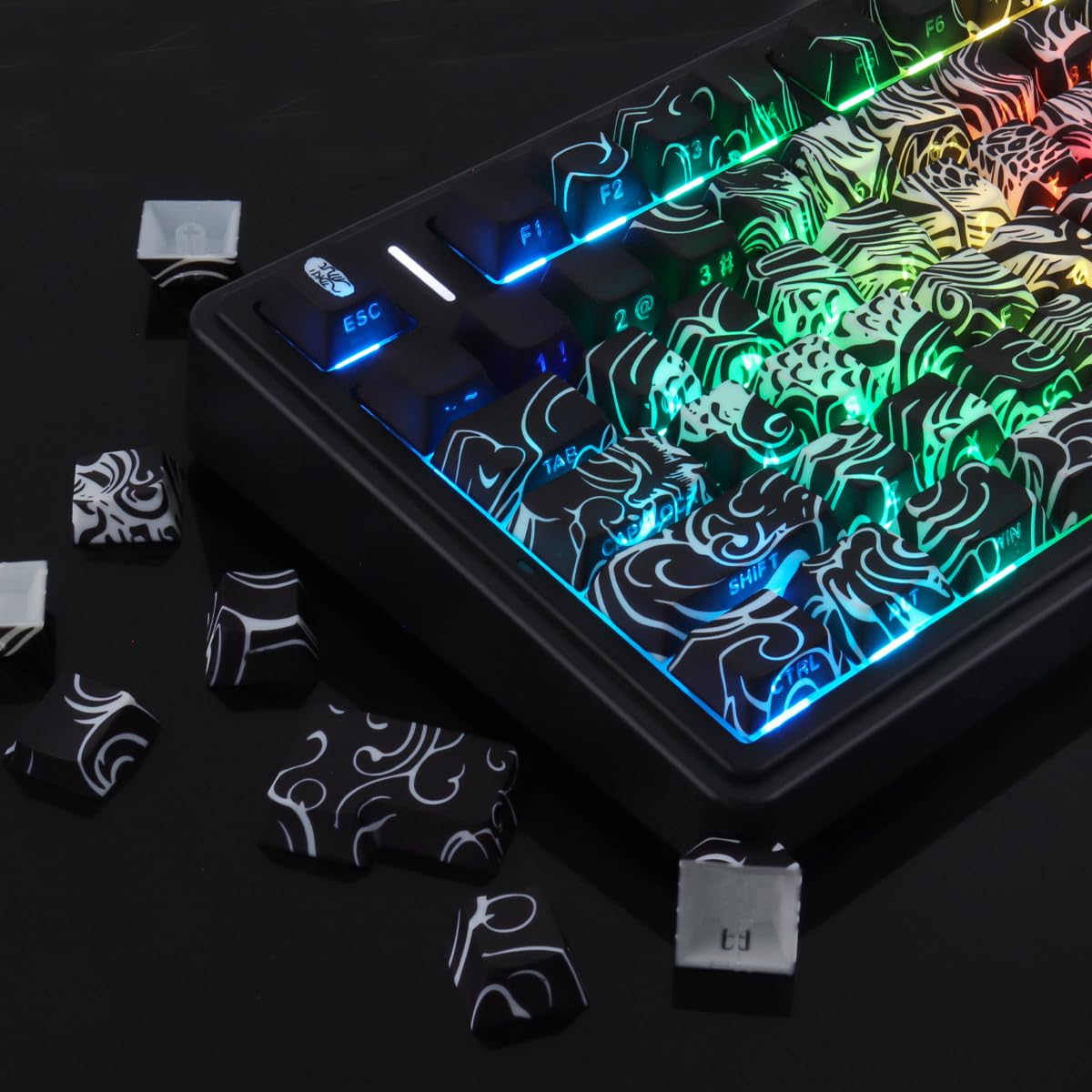 Sunzit PBT Keycaps, 138 teclas, negro Cherry Profile Dye-Sub Keycaps, set con barra espaciadora de 6,5 U, diseño de dragón, teclas personalizadas para interruptores MX mecánicos, teclado de gaming