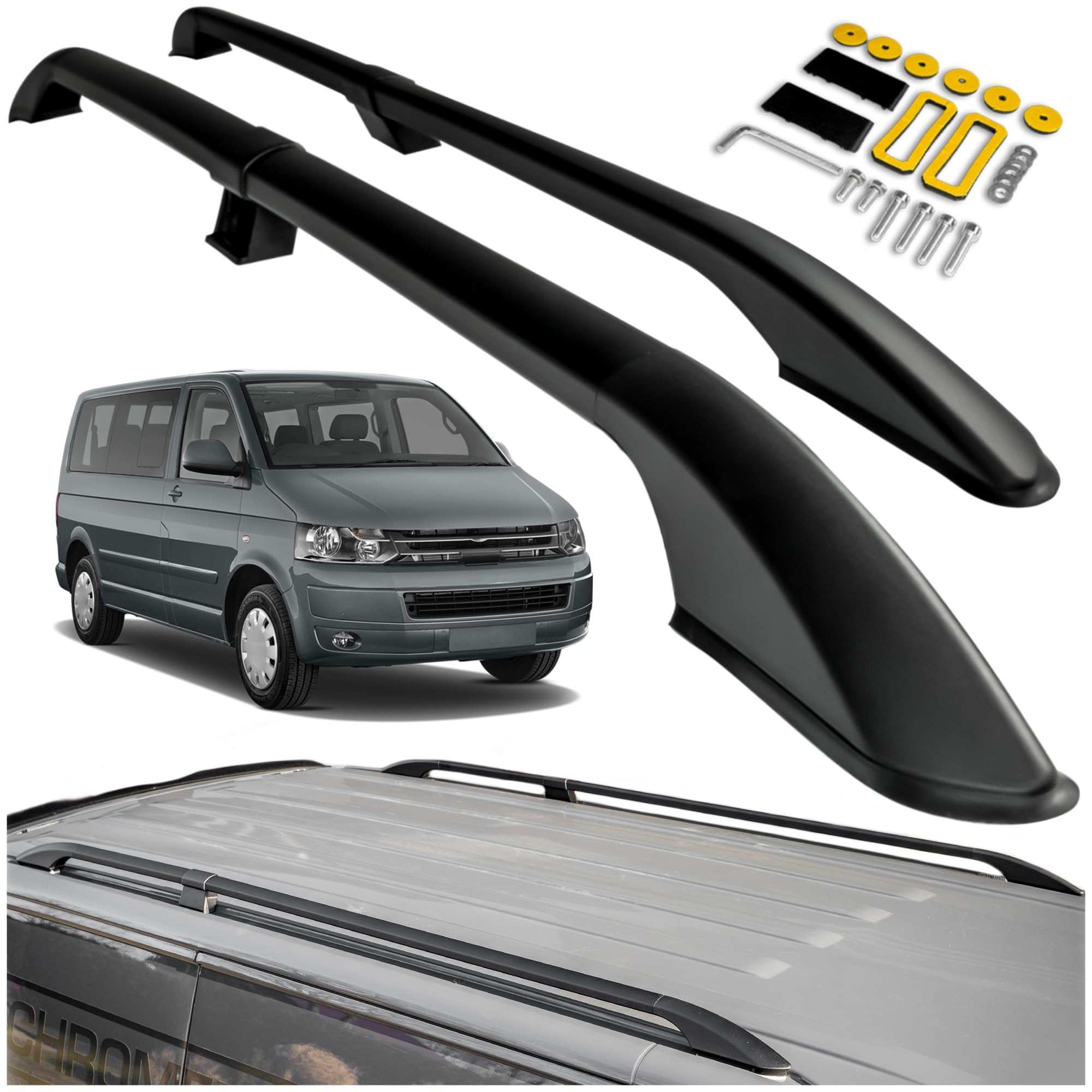 CHROMEMASTER Dachreling Dachträger Kompatibel mit VW T5 Multivan Short 2003-2015 | Zur Befestigung der Dachgepäckträger, Dachboxen oder Dachfahrradträger | Robuste Konstruktion aus Alu