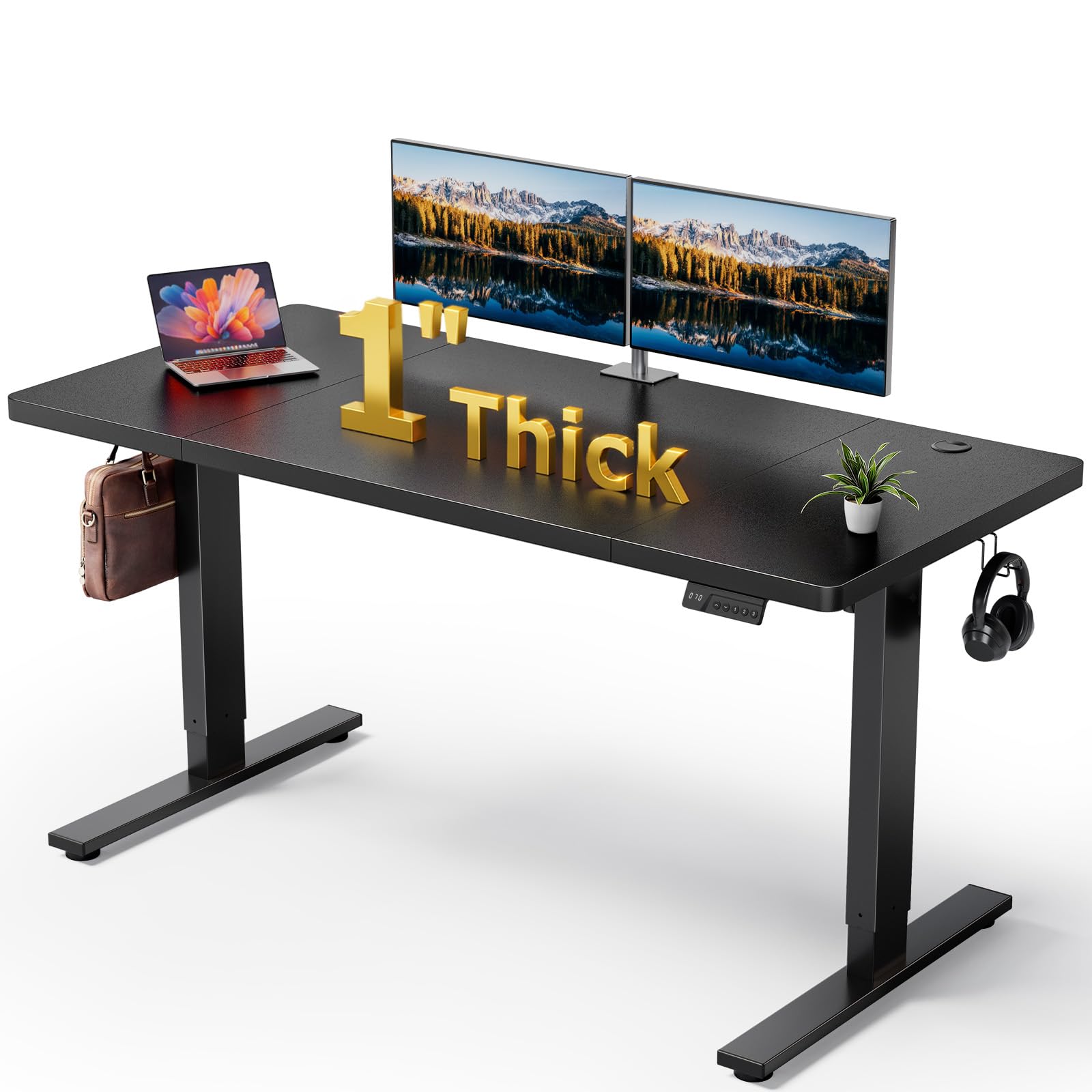 Adjustable Electric Standing Desk - 60x28 Inch Sit Stand Desk for Home Office - 1 Inch Thick Tabletop, Double Beam Frame