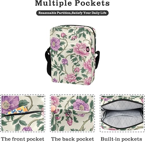 Miniatura 2 de Vintage Pink Flowers Green Leaves William Morris Style cute messenger bag Small Crossbody Bags Casual Purse Cross Body Shoulder Handbags Adjustable