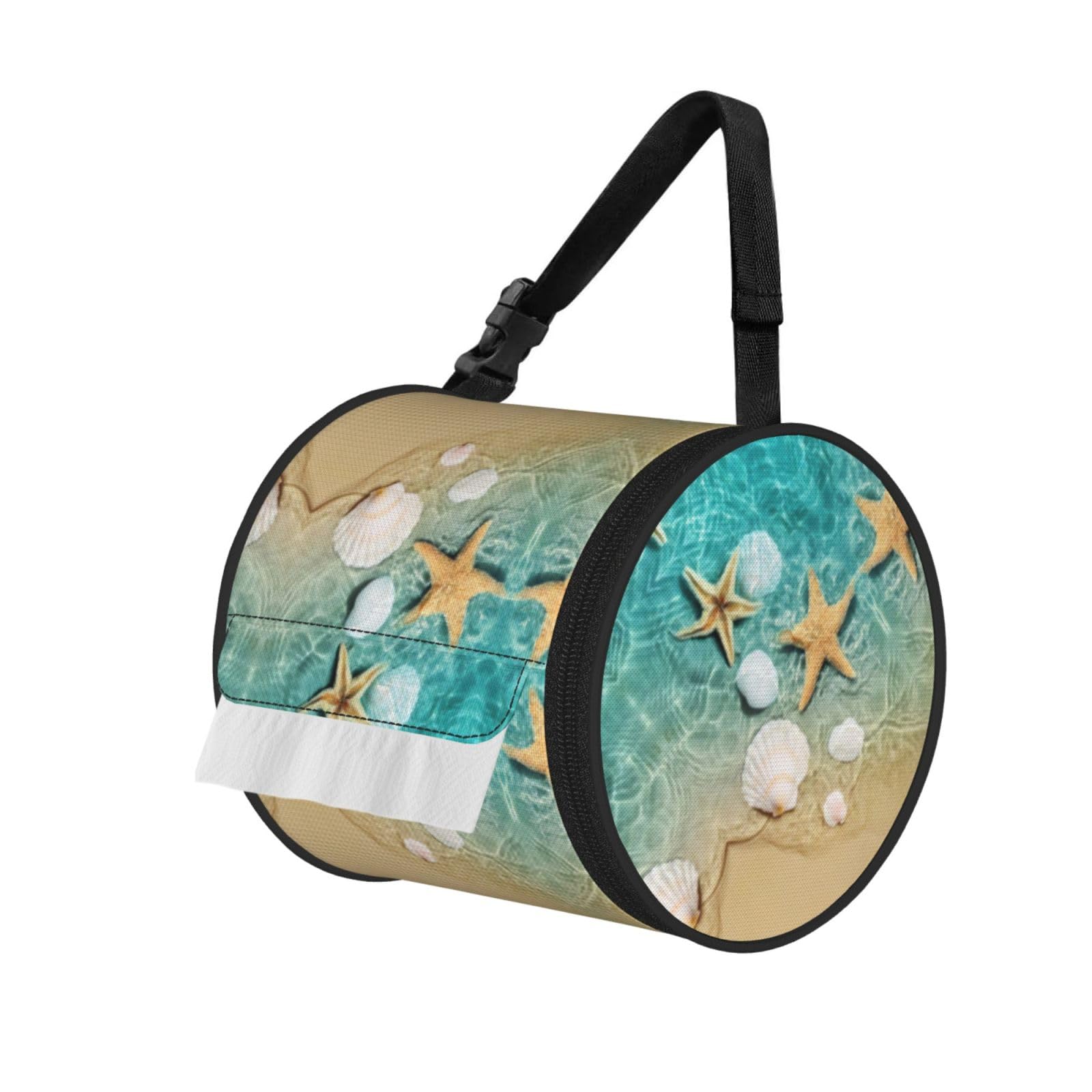 Jiuty Black Starfish And Seashell Pattern Print Cylinder Tissue Organizer Bag With Strap, Portable Toilet Roll Holder For Camping Car