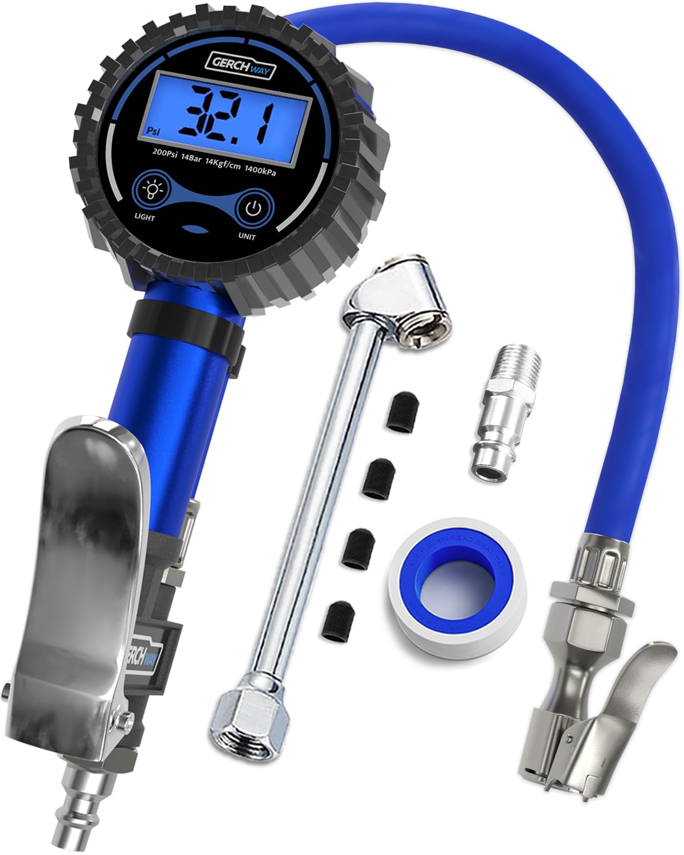 Digital Tire Pressure Gauge with Inflator - 200PSI, Improved Leaks Protection 360°Air Chuck with Pressure Gauge and Air Compressor Accessories, Extended Hose