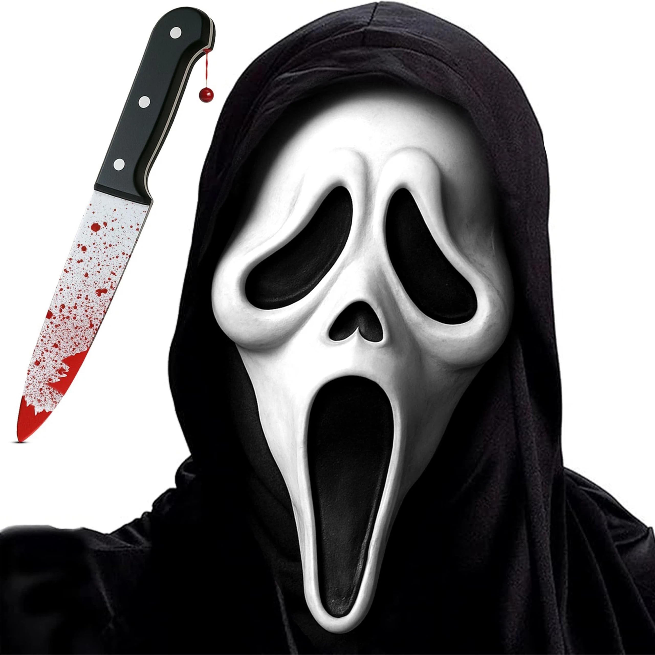 Halloween Ghost Skull Latex Mask and Plastic Knife Set – Adult Full Hooded Scary Horror M…