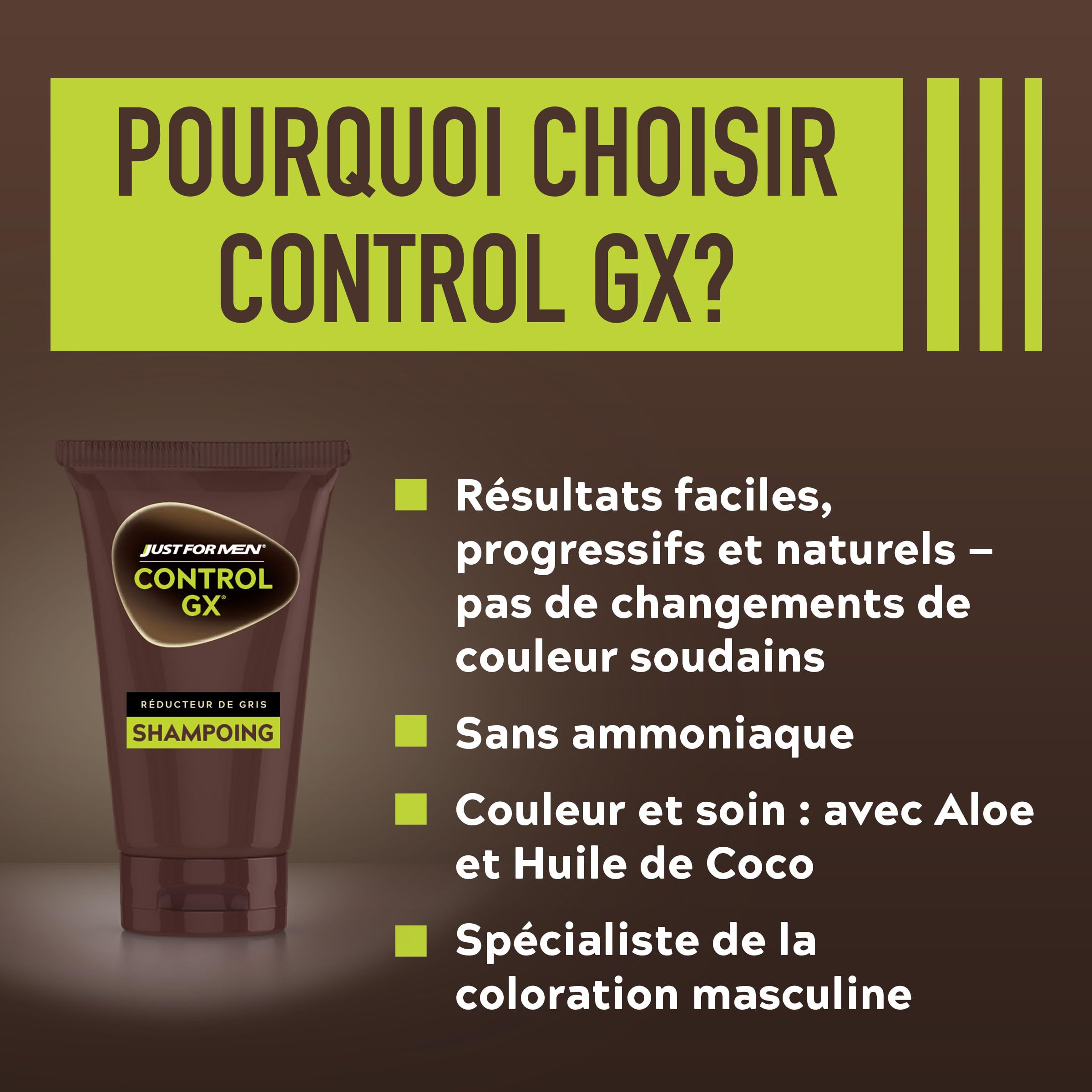 Just For Men Control GX Shampooing colorant homme pour cheveux, Réduit progressivement les cheveux gris Pour un Look Naturel et Discret, Disponible pour toutes les nuances 118 ml