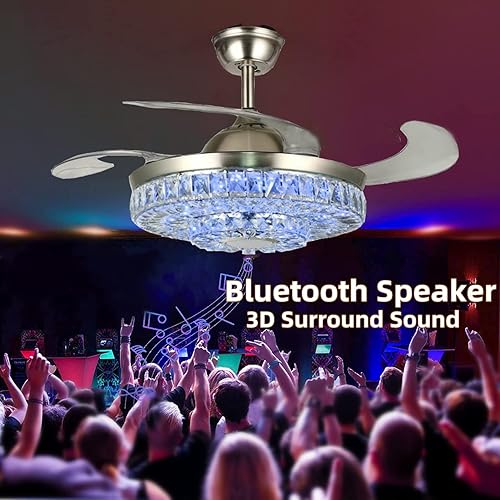 Miniatura 7 de Ventilador de techo de cristal de 42 pulgadas con control remoto de luces, lámpara inteligente con altavoz Bluetooth, aspas retráctiles, 7 colores