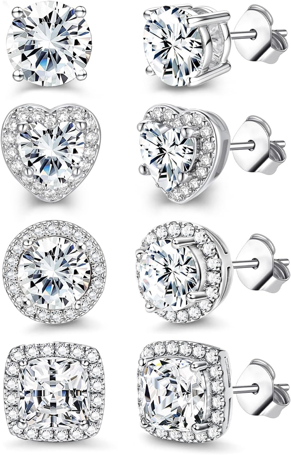 SIISPRI Sterling Silver Cubic Zirconia Stud Earrings for Women Men 18K Gold Plated Brilliant Celtic Heart CZ Halo Stud Earrings Round Square Simulated Diamond Stud Earrings Set for Sensitive Ears