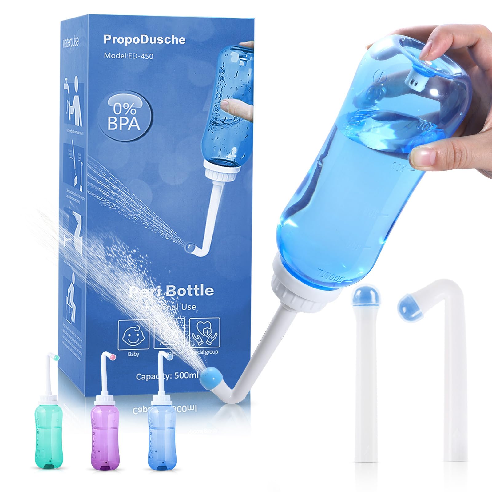 Bidet Po Dusche Vaginaldusche Podusche - Poduschesche 500ML Peri Bottle mit 2 Mobiles Portable Bidet mit Taste Intimdusche Po Dusche Wochenbett Toilette,Tragbares Bidet für Männer und Frau(Blau)