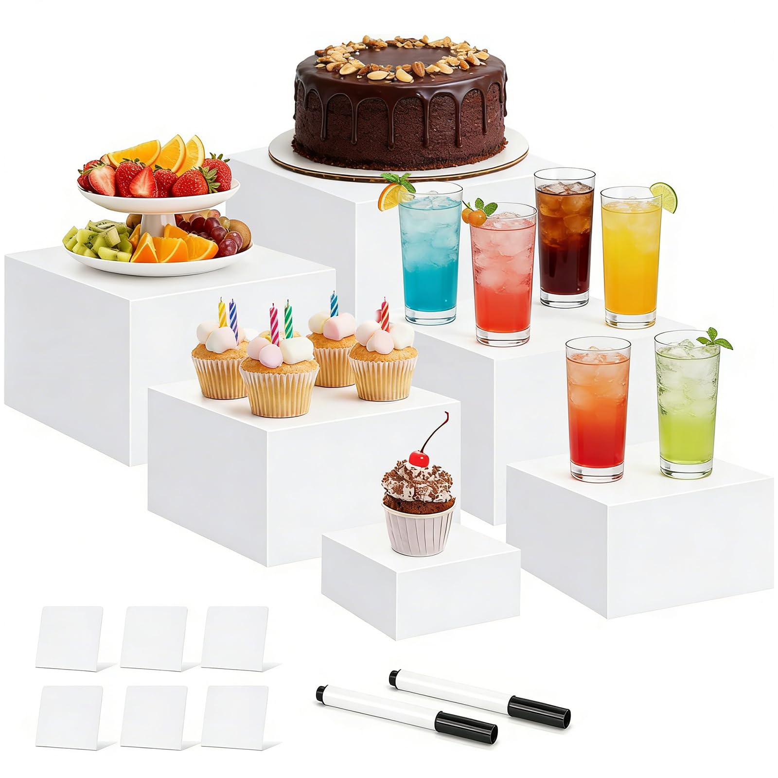 6 rialzi per buffet in acrilico, 13 x 15 x 17 x 19 x 20 cm, per tavolo da buffet, catering, dessert, torte, per feste, gioielli da collezione, scatole cubiche impilabili con fondo cavo
