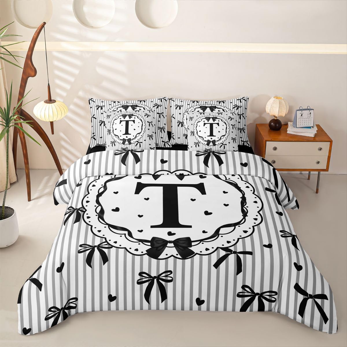 Loussiesd Juego de funda de edredón con sábanas de 7 piezas, tamaño Super King, con letra T inicial en una bolsa, juego de ropa de cama para niños y niñas, decoración de dormitorio, transpirable
