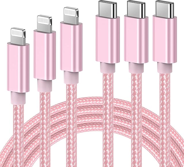 Ulinek USB C to Lightning Cable, MFi Certified 1M+2M+3M Fast Charging iPhone Charger Cable Nylon Braided, PD Lightning Type C Cord Compatible with iPhone 11 12 Pro Max XR X 8 Plus 8 iPad Pro, Pink