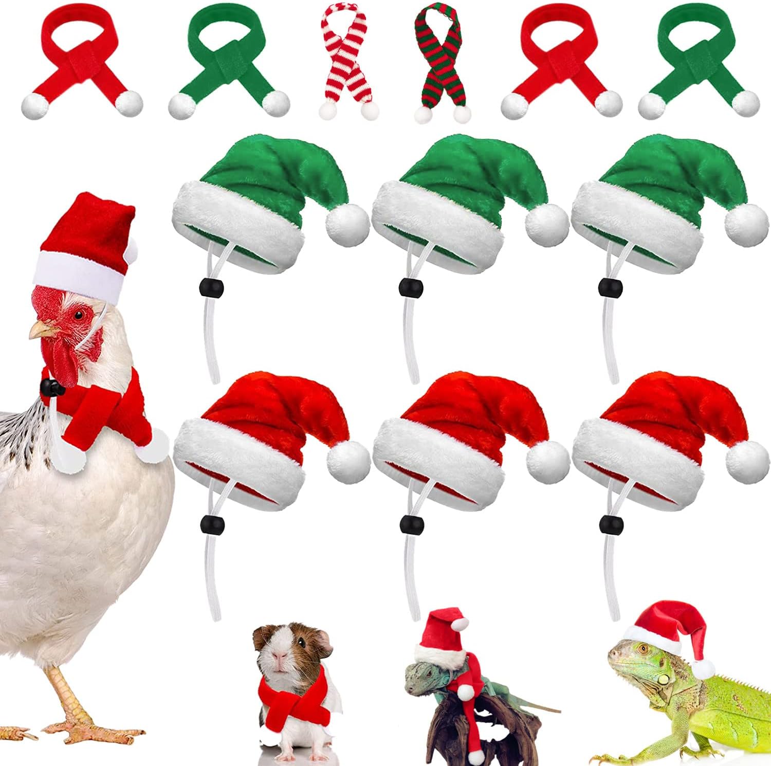 Christmas Pet Chicken Hat Scarf 1 Set Mini Red Green Santa Hat Scarf Xmas Small Animal Hat with Adjustable Chin Strap for Hen Duck Hamster GuineaPig Kitty Puppy Parrot (Black, M) : Pet Supplies