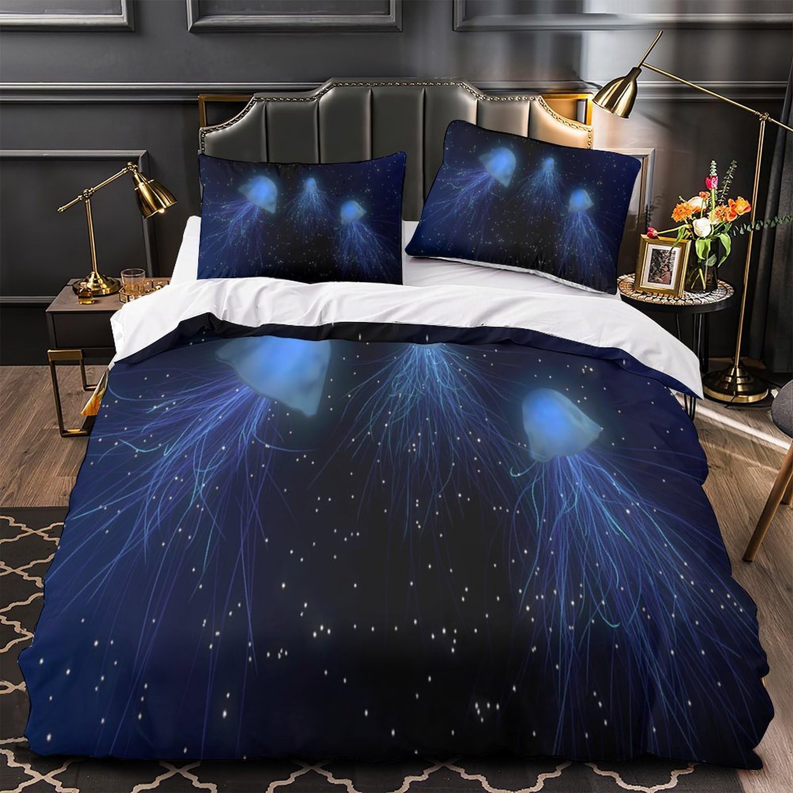 MMDASBVPE Jellyfish Glowing Comforter Cover 3D Print Luxurious 3 Piece Bedding Set Hidden Zipper Quilt Cover Ultra Soft Hypoallergenic for Children Girls Boys Adults Women Teens King（220x240cm）