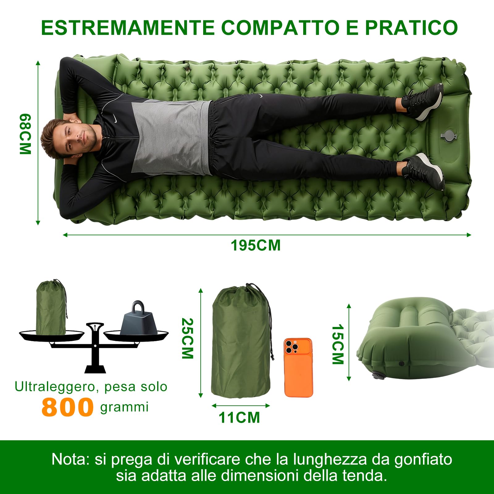 Materassino Gonfiabile da Campeggio con Pompa a Pedale e Cuscino Integrati – 8 cm, 800 g, Ultraleggero per un Comfort Superiore, Isolante e Impermeabile per Campeggio, Trekking ed Escursionismo