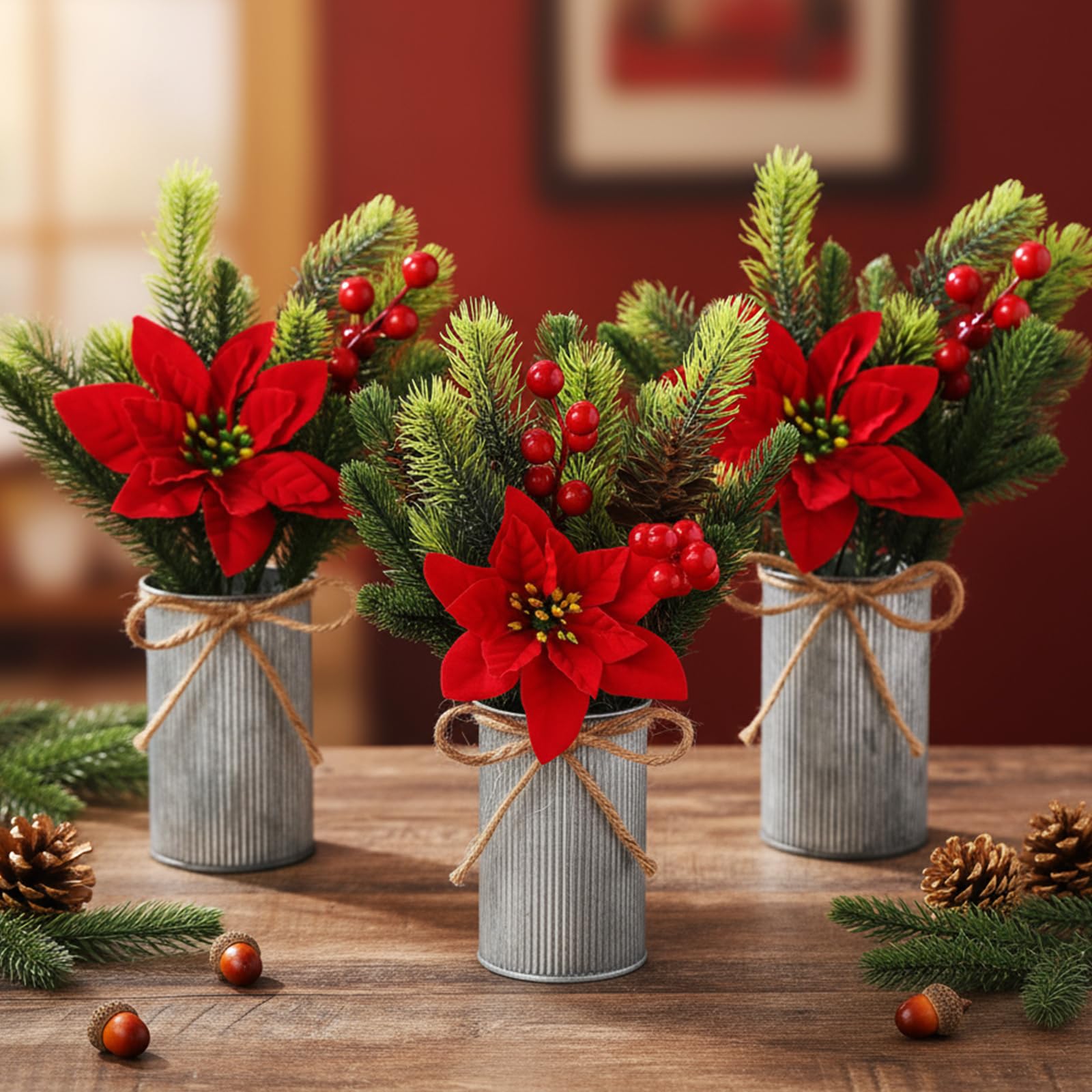 Tioncy Lot de 12 poinsettias artificiels pour table de Noël avec vase en métal - Pics à fleurs de houx rouges - Tiges de pin - Arrangements floraux artificiels pour la maison, la table de fête