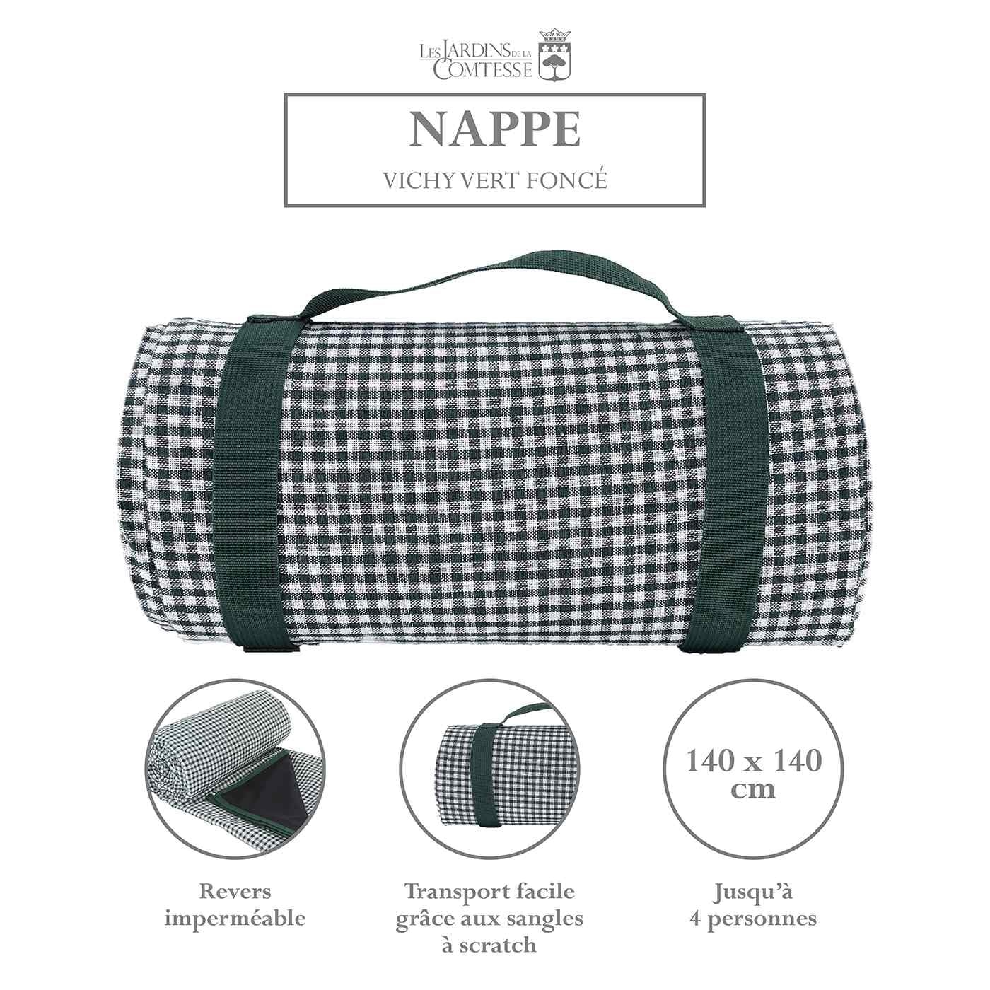 Les Jardins de la Comtesse - Nappe de Picnic Carrée Vichy Vert Foncé - Coton et Revers Etanche Polyester - 140x140cm - 2/4 Personnes - Tapis/Couverture de Picnic Pliable et livrée avec Porte-Nappe