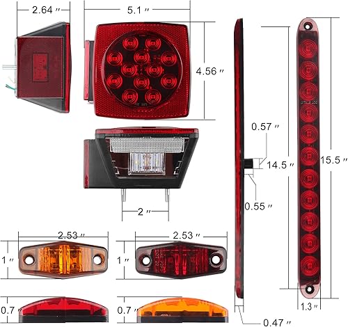 Miniatura 4 de Kit de luces LED para remolque de 12 V, 2 luces LED cuadradas de freno y freno trasero con arnés de cableado de 25 pies6 mini luces de marcadorbarra