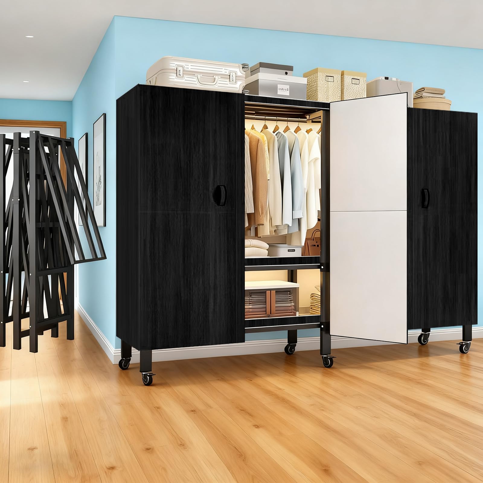 Heavy Duty Portable Closet with Cover Magnetic Doors, Metal Rolling Clothes Rack Heavy Duty 1500LBS, Foldable Clothing Rack, Garment Racks for Bedroom