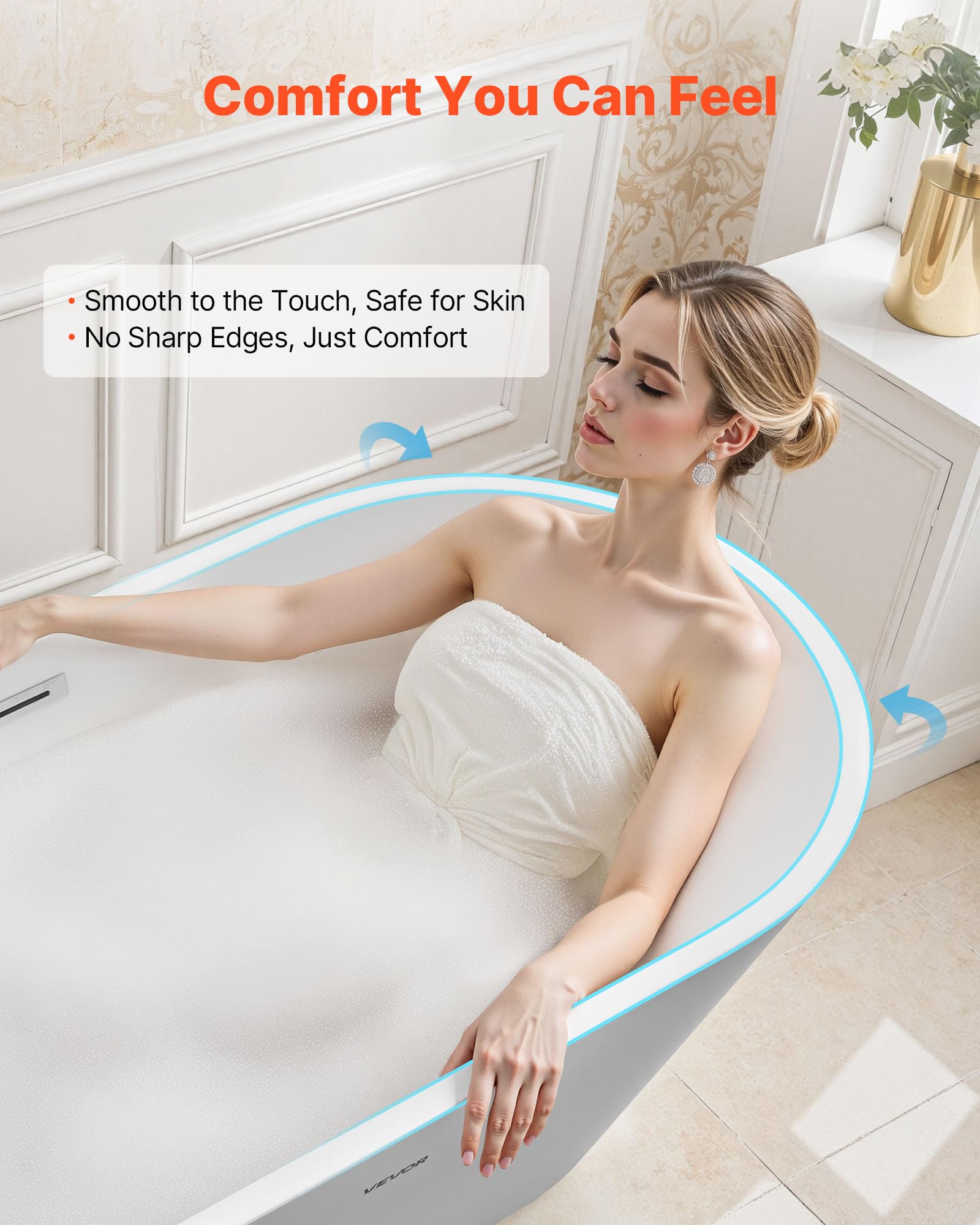 VEVOR Bañera Exenta 150 x 75 x 58 cm, Bañera Independiente Acrílica de Oval 230 L, Conjunto de Desagüe y Rebosadero con Acabado en Cromo Pulido, Diseño Elegante, para Baño Moderno Hidromasaje, Blanco