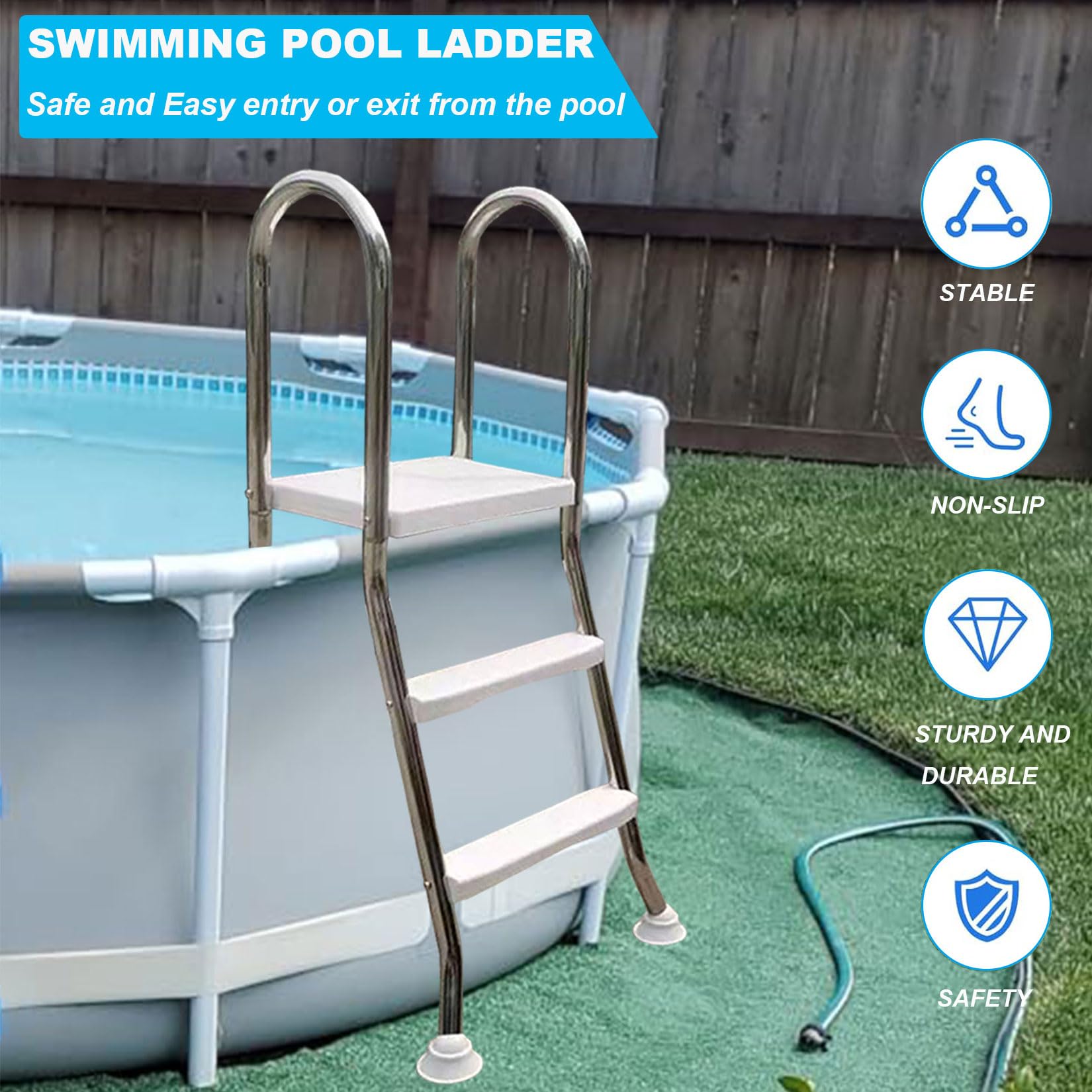 BOTOWI Escalera de Piscina sobre el Suelo de Alta Resistencia, Escalera de natación con Marco de Acero Inoxidable de 2 escalones para Piscinas DE 33 Pulgadas,85cm