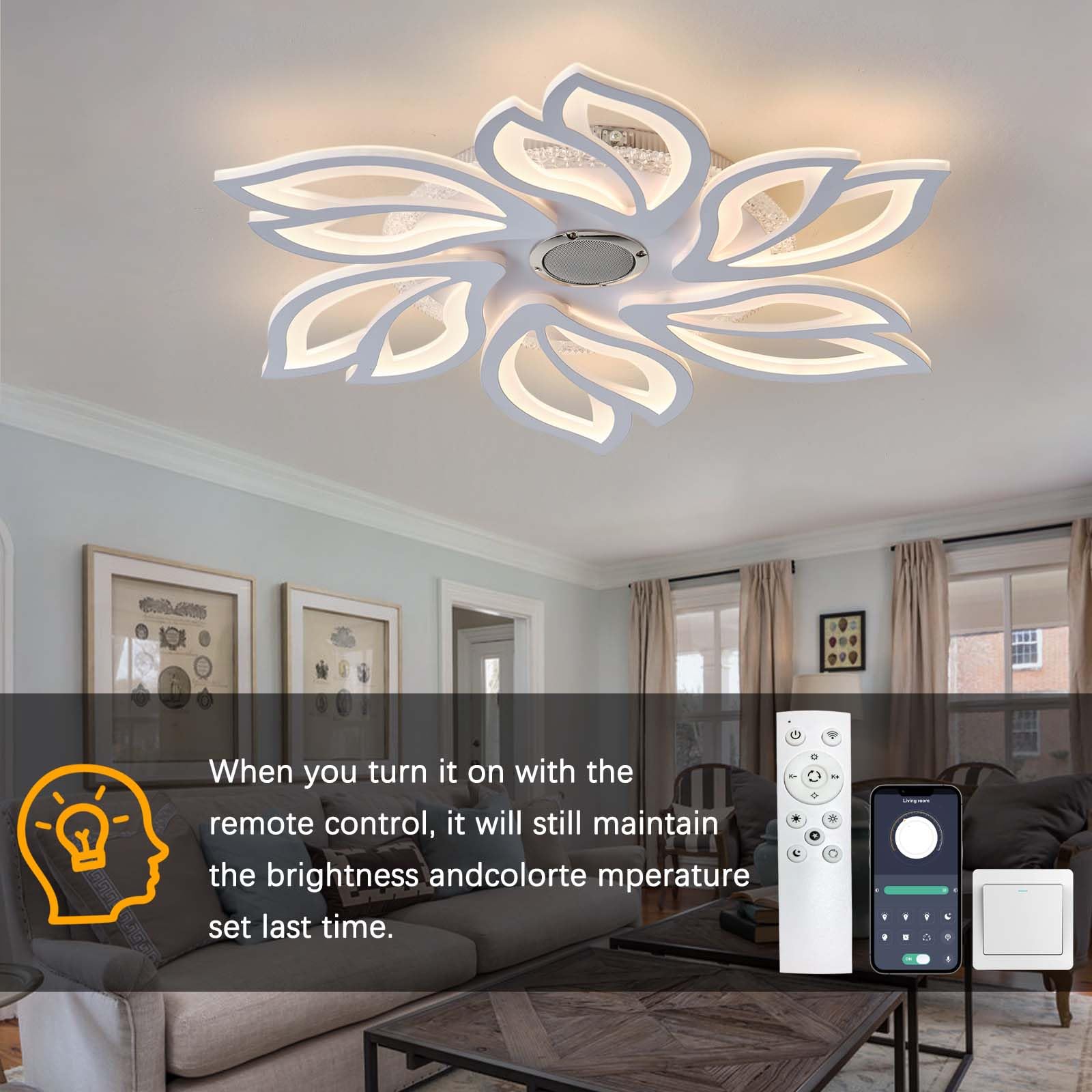 Plafoniera a Forma di Fiore Dimmerabile da 66W con Telecomando APP,Grande Lampadario Camera da Letto con Memoria,Plafoniera RGB con Altoparlante,per Soggiorno Sala Giochi e Feste-White||Audio