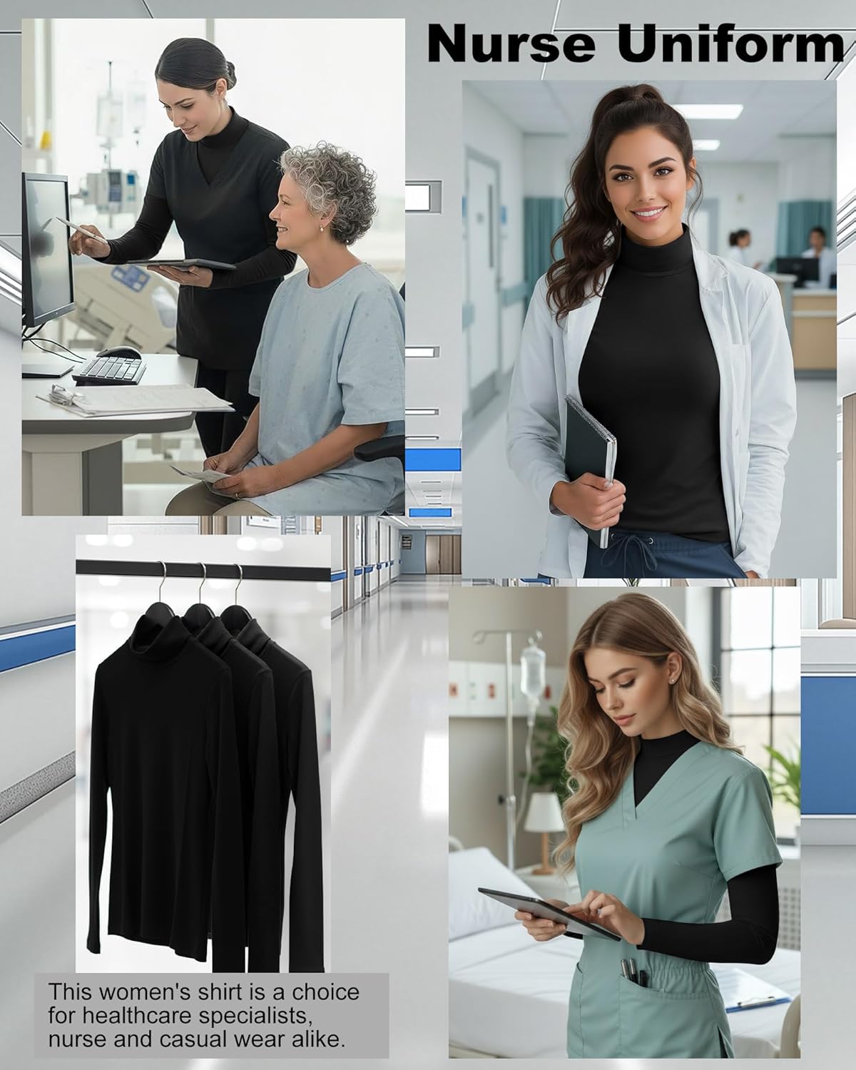 Neer 3 Pack Women's Turtleneck Underscrub Shirts Mock Neck Long Sleeve Nurse Tops Slim Fit Soft Stretchy Basic Tee