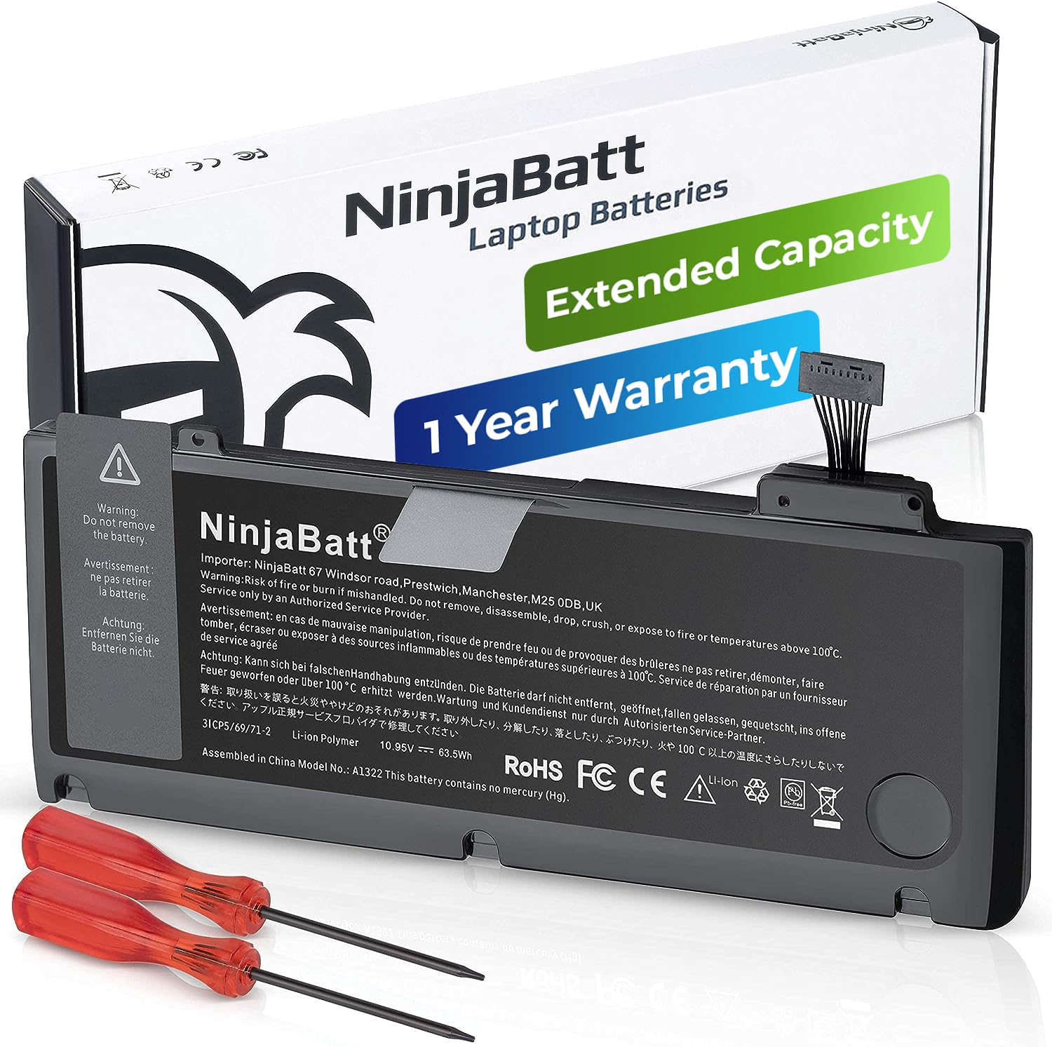 NinjaBatt Battery A1278 A1322 for Apple MacBook Pro 13" [Mid 2012 2010 2009 Early 2011 Late 2011] - Long Lasting [63.5Wh/10.95v]