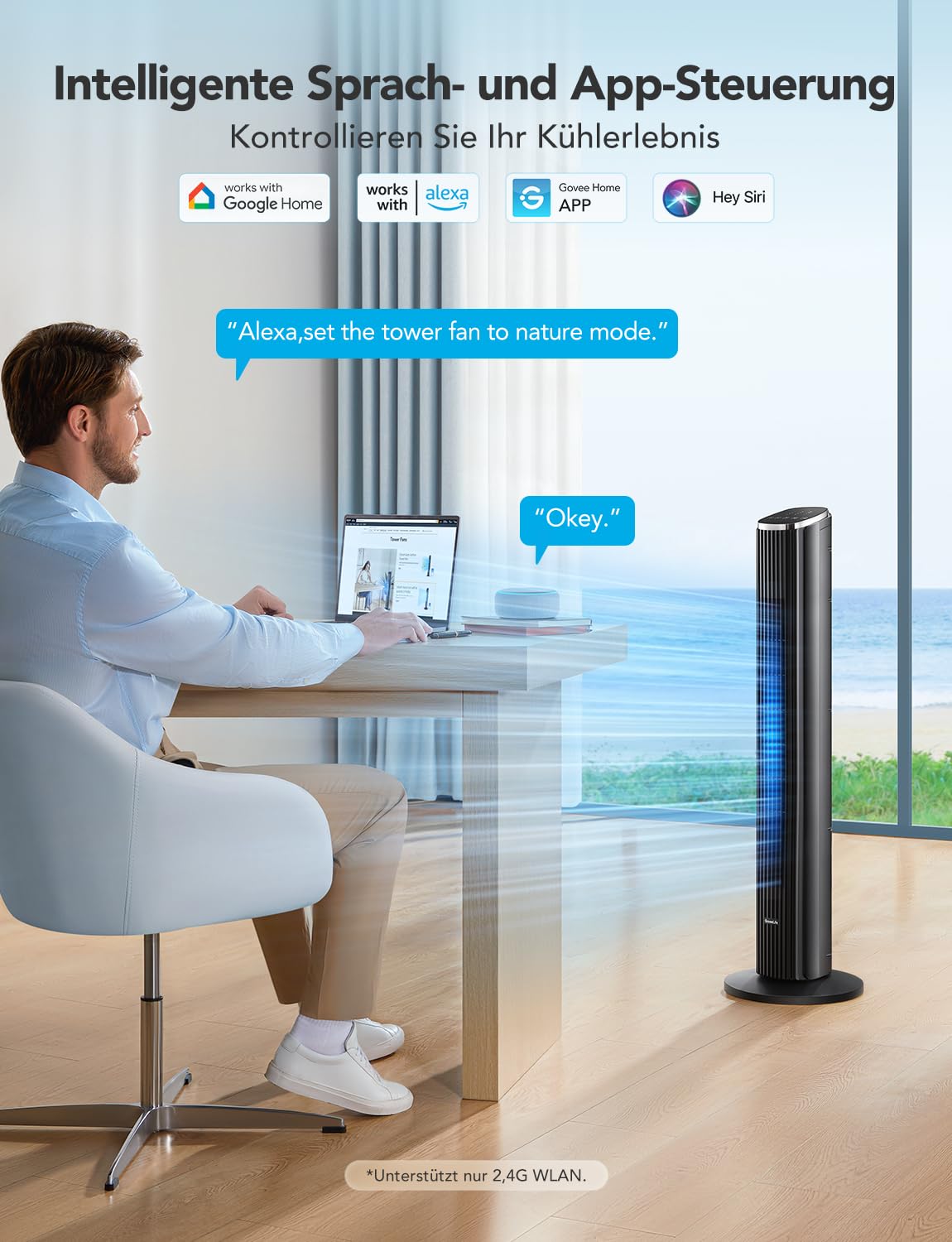GoveeLife Intelligente leiser Turmventilator, 75° Oszillierende Ventilatoren mit App- und Sprachfernbedienung, 6.3m/s Geschwindigkeit 8 Geschwindigstufen 5 Modi 24 Std-Timer, mit Kühlung